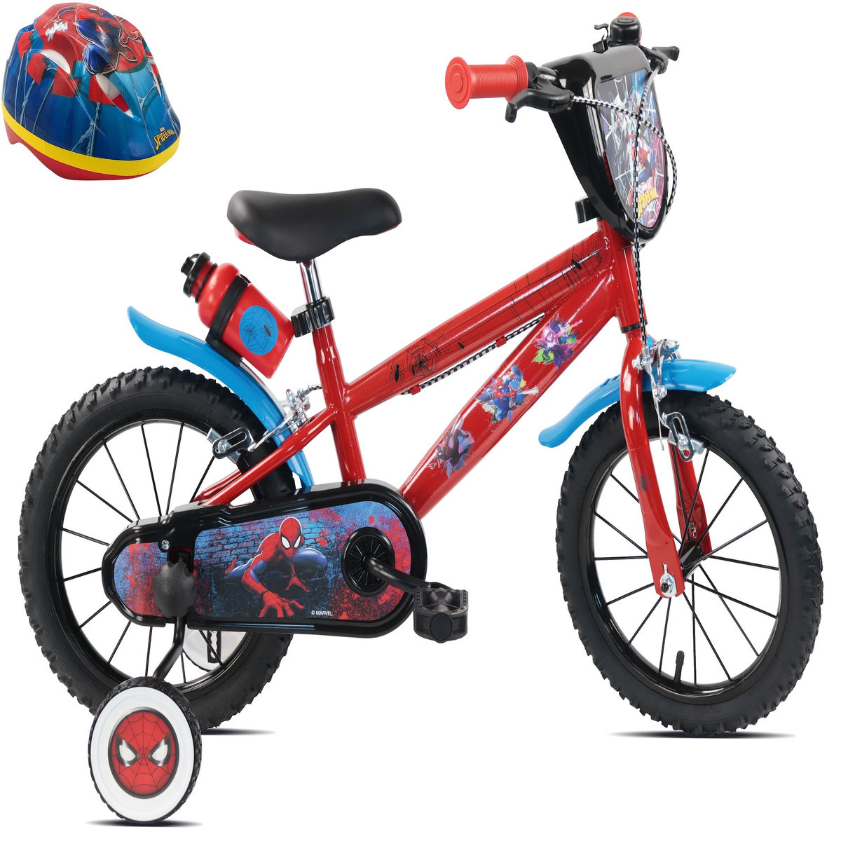 Spiderman Vélo enfant 14'' SPIDERMAN (90 à 105cm) équipé de 2 freins, plaque avant décorative , bidon arrière, stabilisateurs + CASQUE INCLUS!