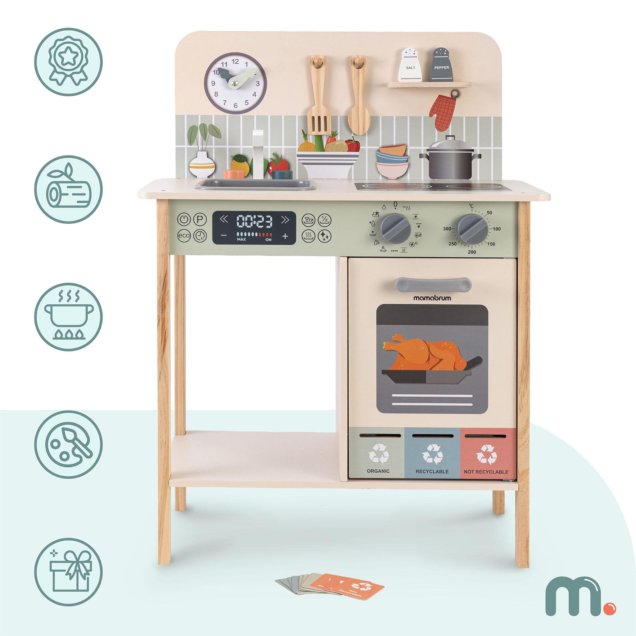 Voir la diapositive 2 : MAMABRUM Cuisine Enfant Bois Mamabrum Jouet Four Tri Dechets Vert 54x30x72 cm 3 Ans