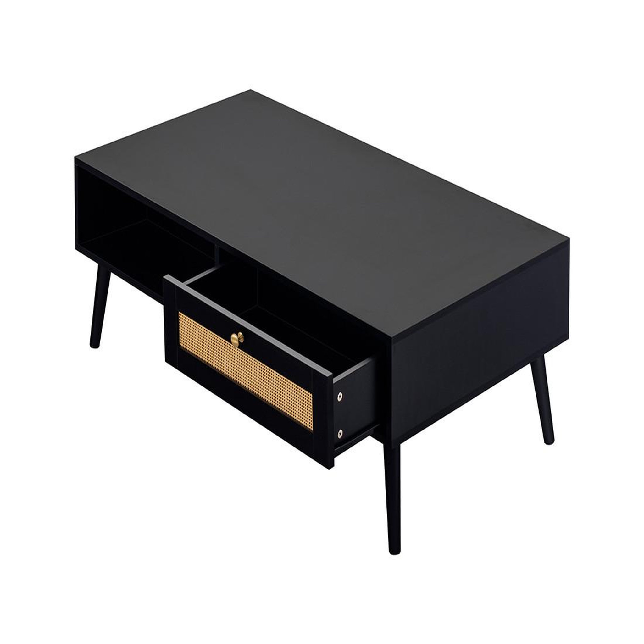 Voir la diapositive 5 : BEST MOBILIER Goto - table basse - noir et cannage - 1 tiroir et 1 niche - 110 cm