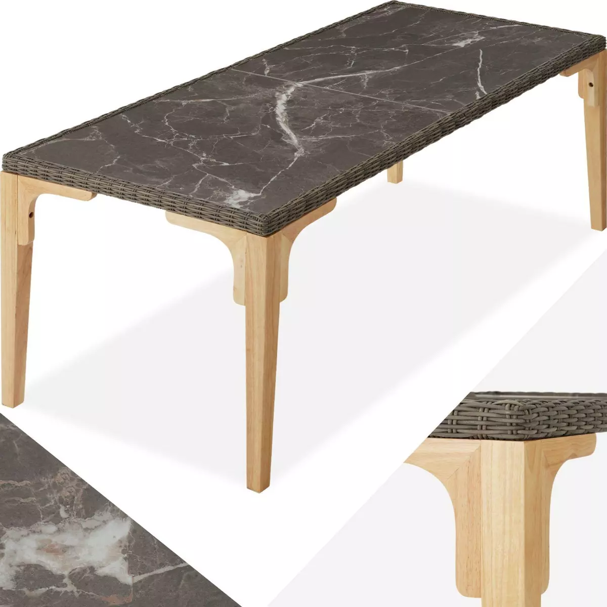 tectake Table en rotin avec cadre en Aluminium et Bois