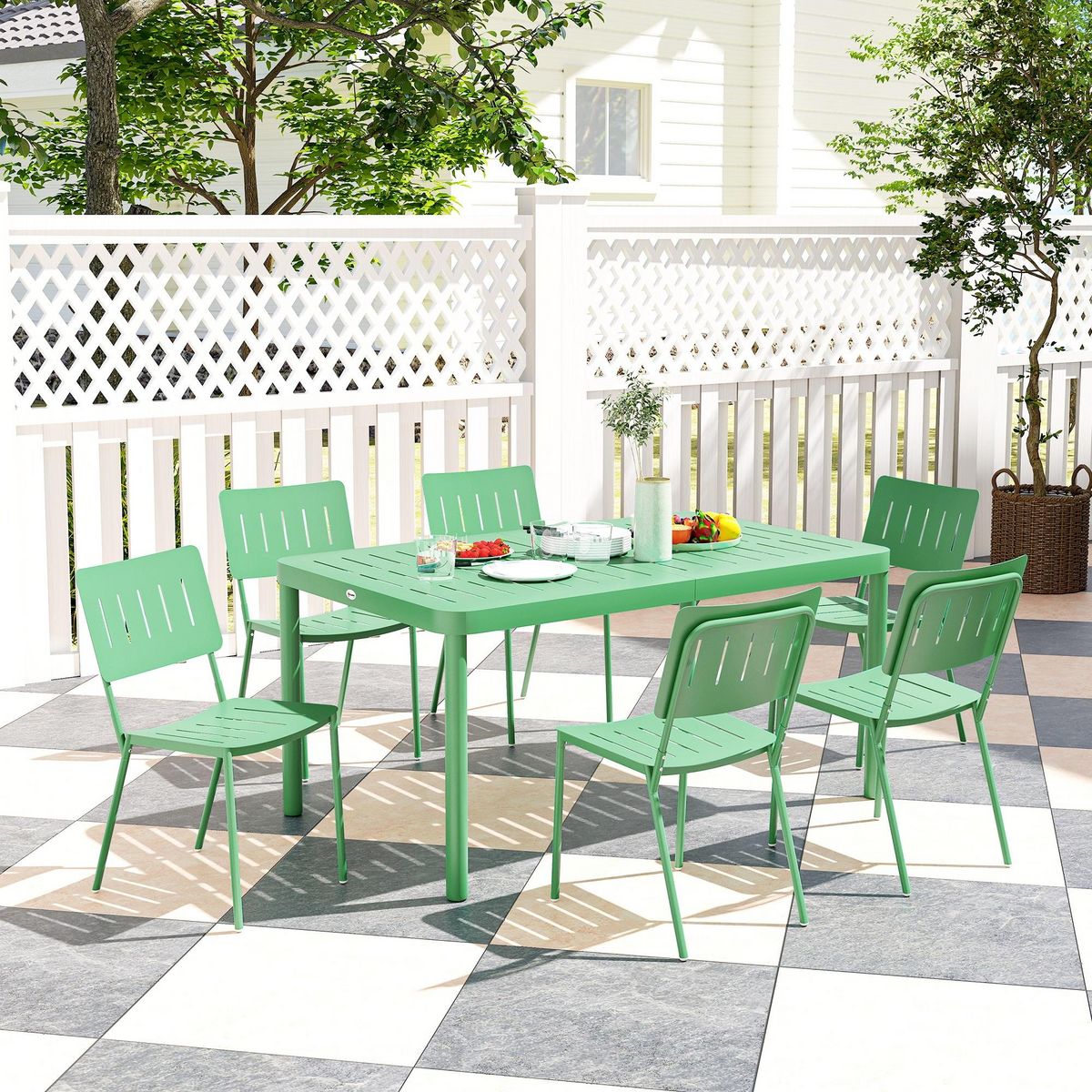 OUTSUNNY Salon de jardin - ensemble déjeuner 6 places 7 pièces - table et 6 chaises empilables - acier thermolaqué vert
