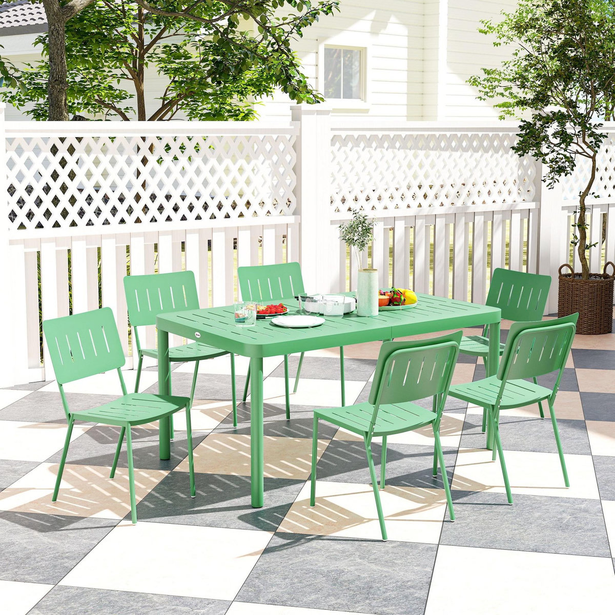 OUTSUNNY Salon de jardin - ensemble déjeuner 6 places 7 pièces - table et 6 chaises empilables - acier thermolaqué vert