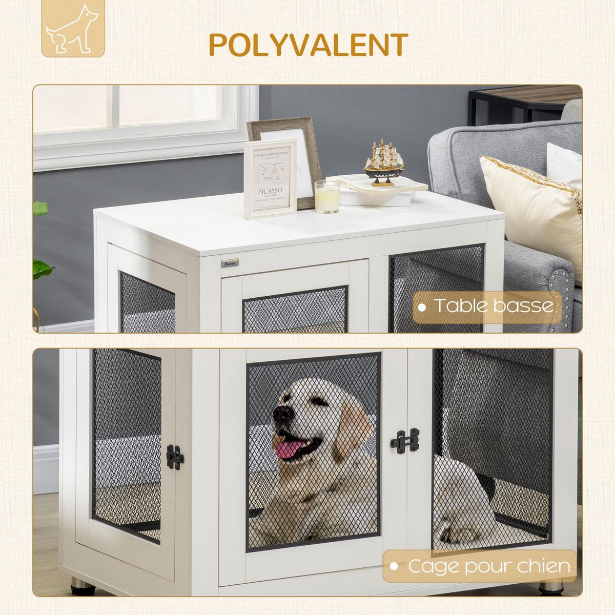 PAWHUT Cage pour chien sur pied style industriel - 2 portes verrouillables, coussin inclus - acier maillé noir panneaux aspect bois blanc