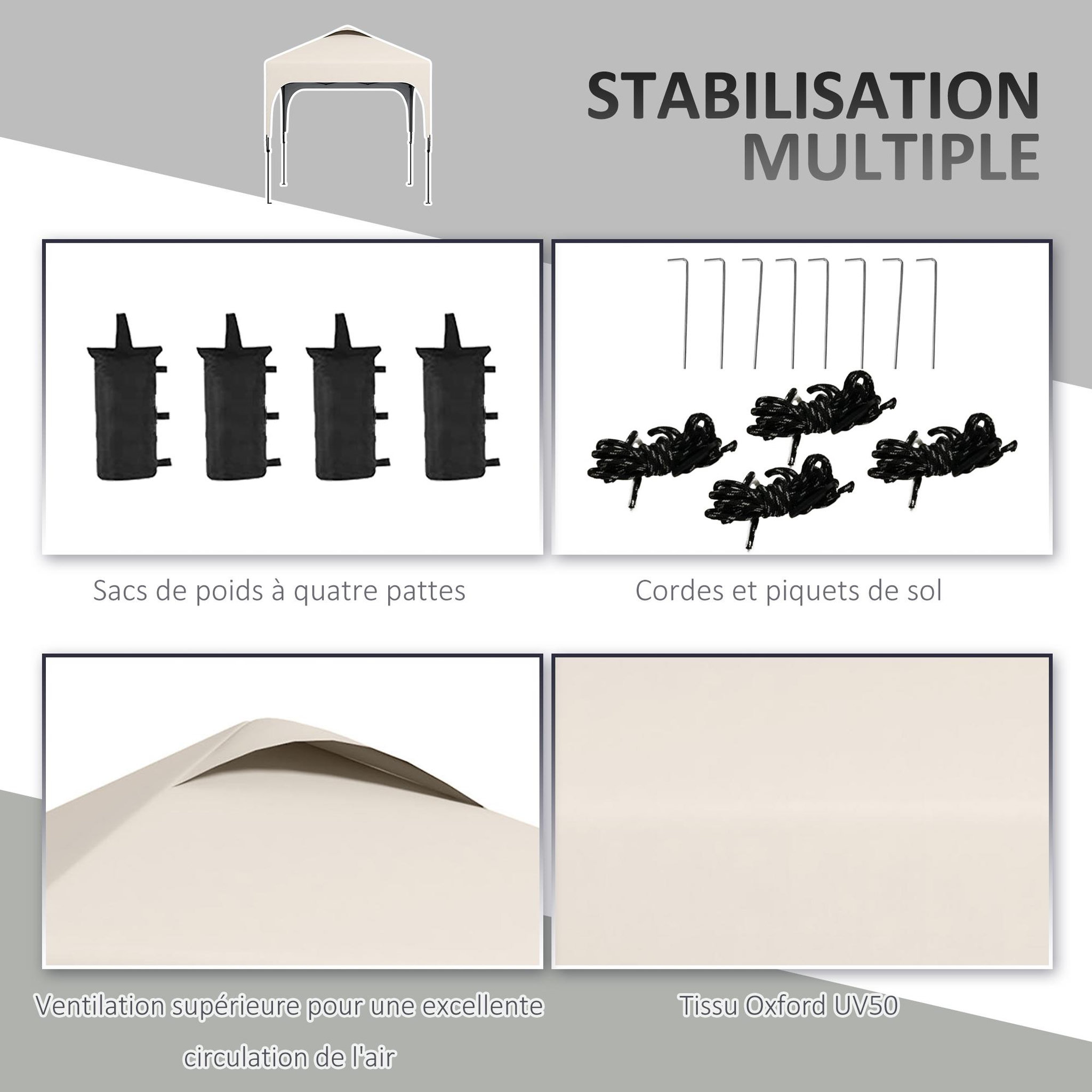 Voir la diapositive 6 : OUTSUNNY Tonnelle barnum automatique pop-up dim. 2,53L x 2,53l x 2,68H m hauteur réglable nombreux accessoires inclus acier oxford beige