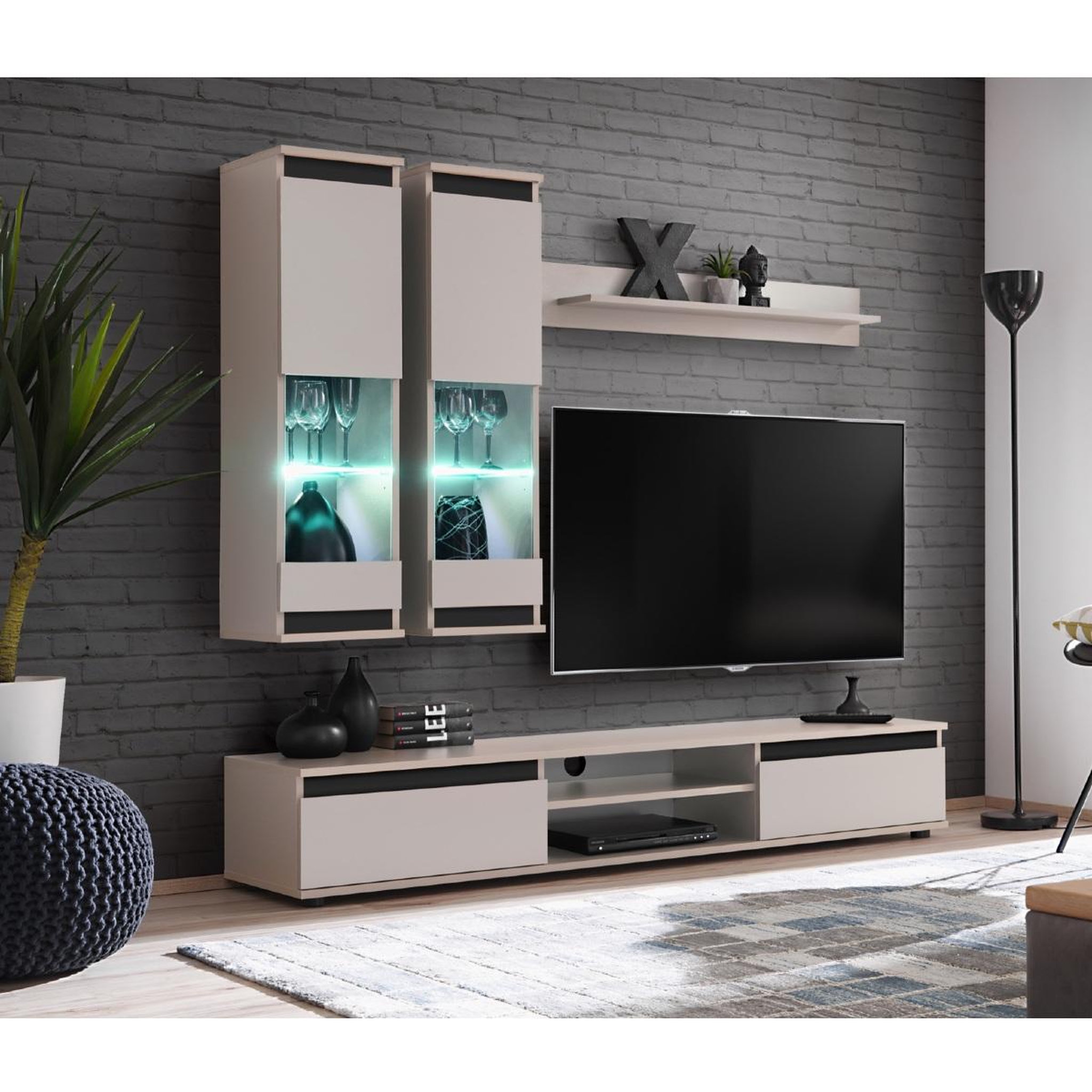 Voir la diapositive 2 : JLC KREATION Ensemble tv mural moderne beige et noir avec vitrines oudini