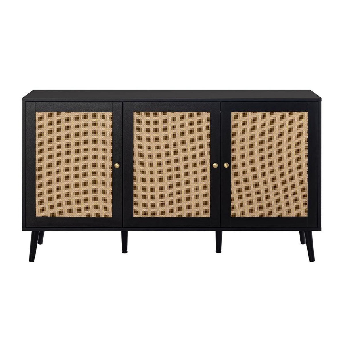 BEST MOBILIER Goto - buffet bas - noir et cannage - 3 portes - 140 cm