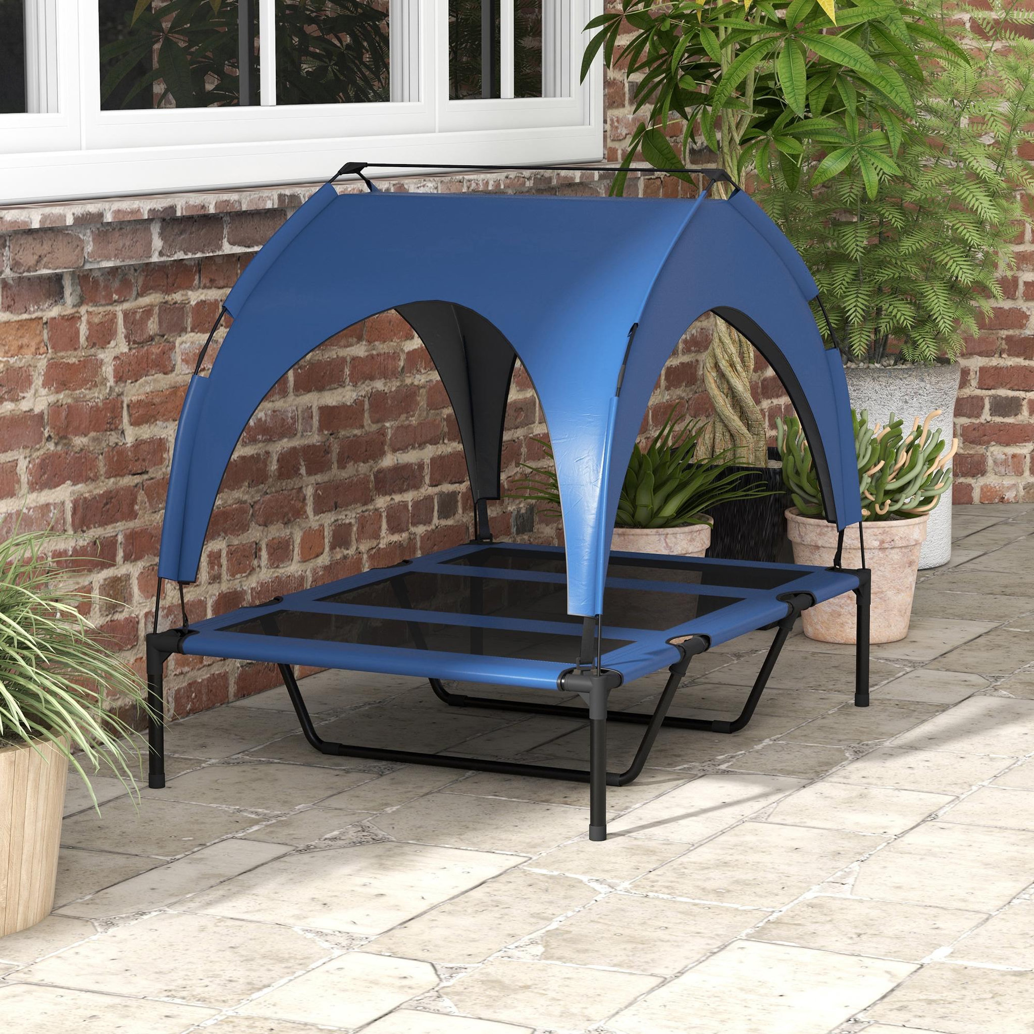 Voir la diapositive 2 : PAWHUT Lit chien sur pied avec voile ombrage - 106 x 76 x 94 cm - sac de transport - bleu