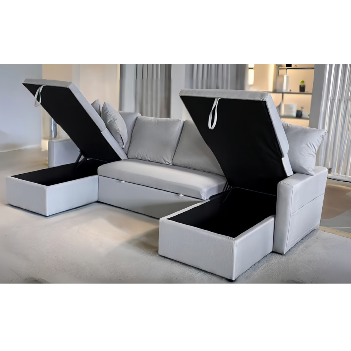 CONCEPT USINE Canapé panoramique convertible 4 places en tissu avec coffre - gris clair MAHÉ