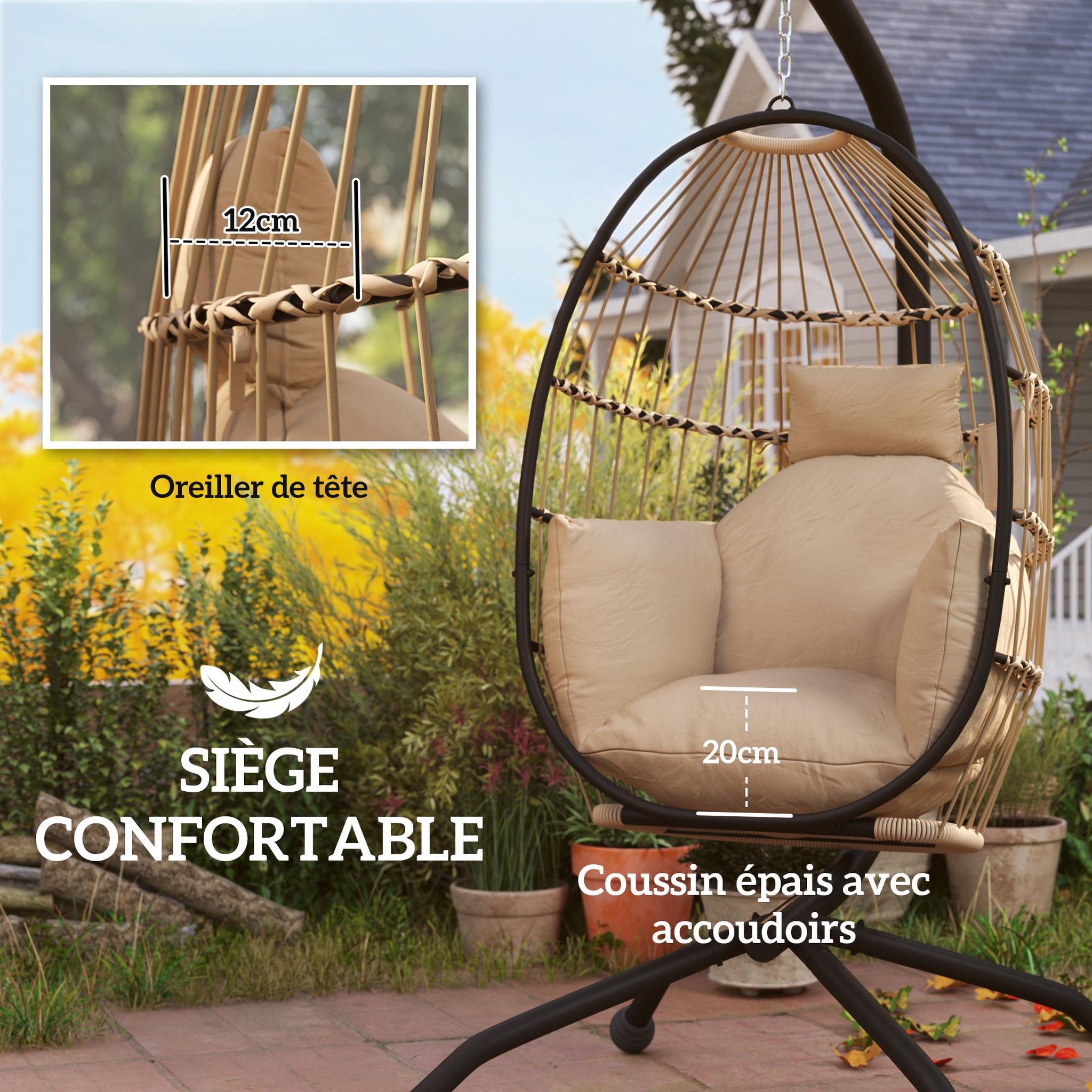 Voir la diapositive 4 : OUTSUNNY Fauteuil suspendu - fauteuil oeuf suspendu - panier pliable - épais coussin - porte-gobelet - acier noir résine tissu kaki