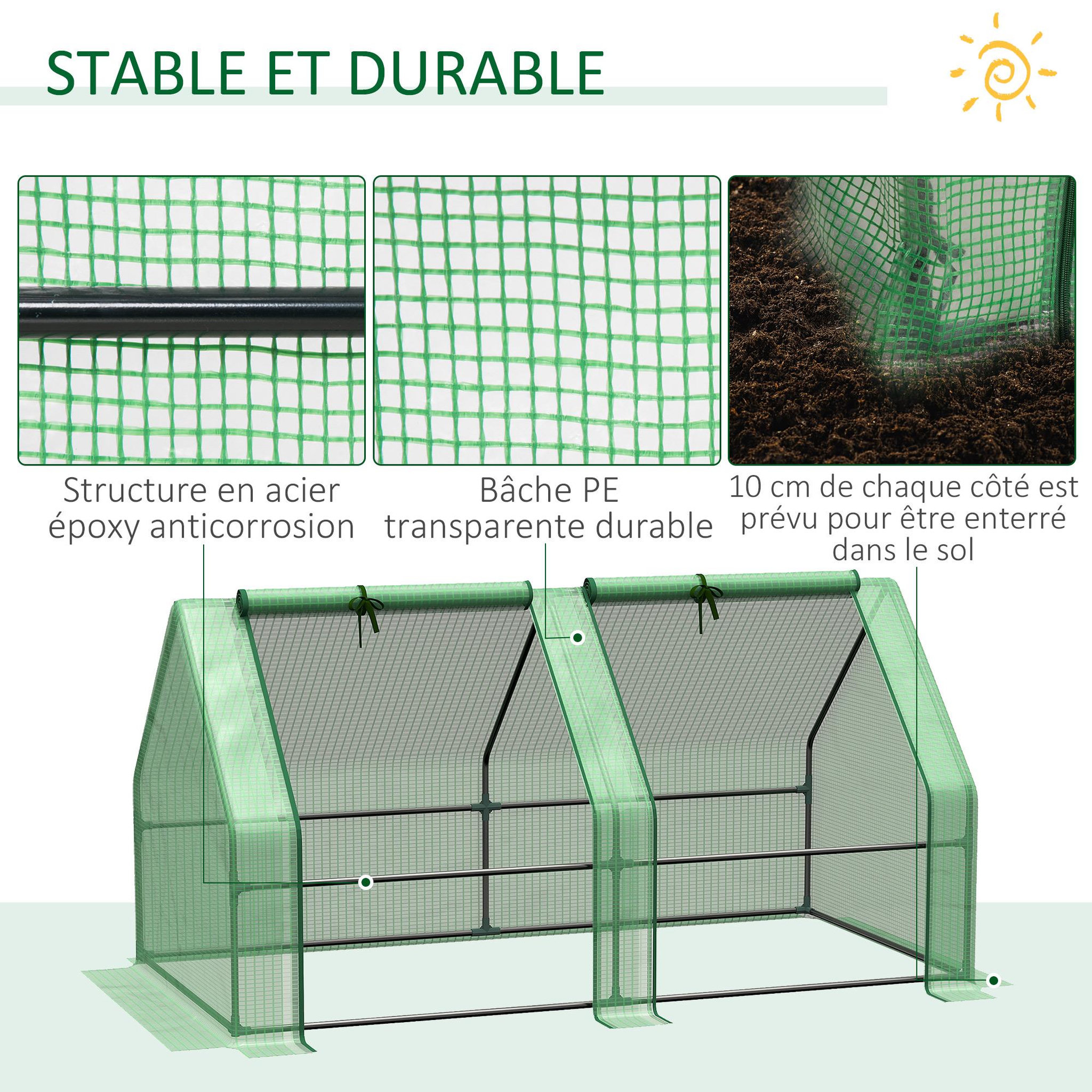 Voir la diapositive 6 : OUTSUNNY Mini serre de jardin serre à tomates dim. 180L x 90l x 90H cm acier PE haute densité 140 g/m² anti-UV 2 fenêtres zippées enroulables vert