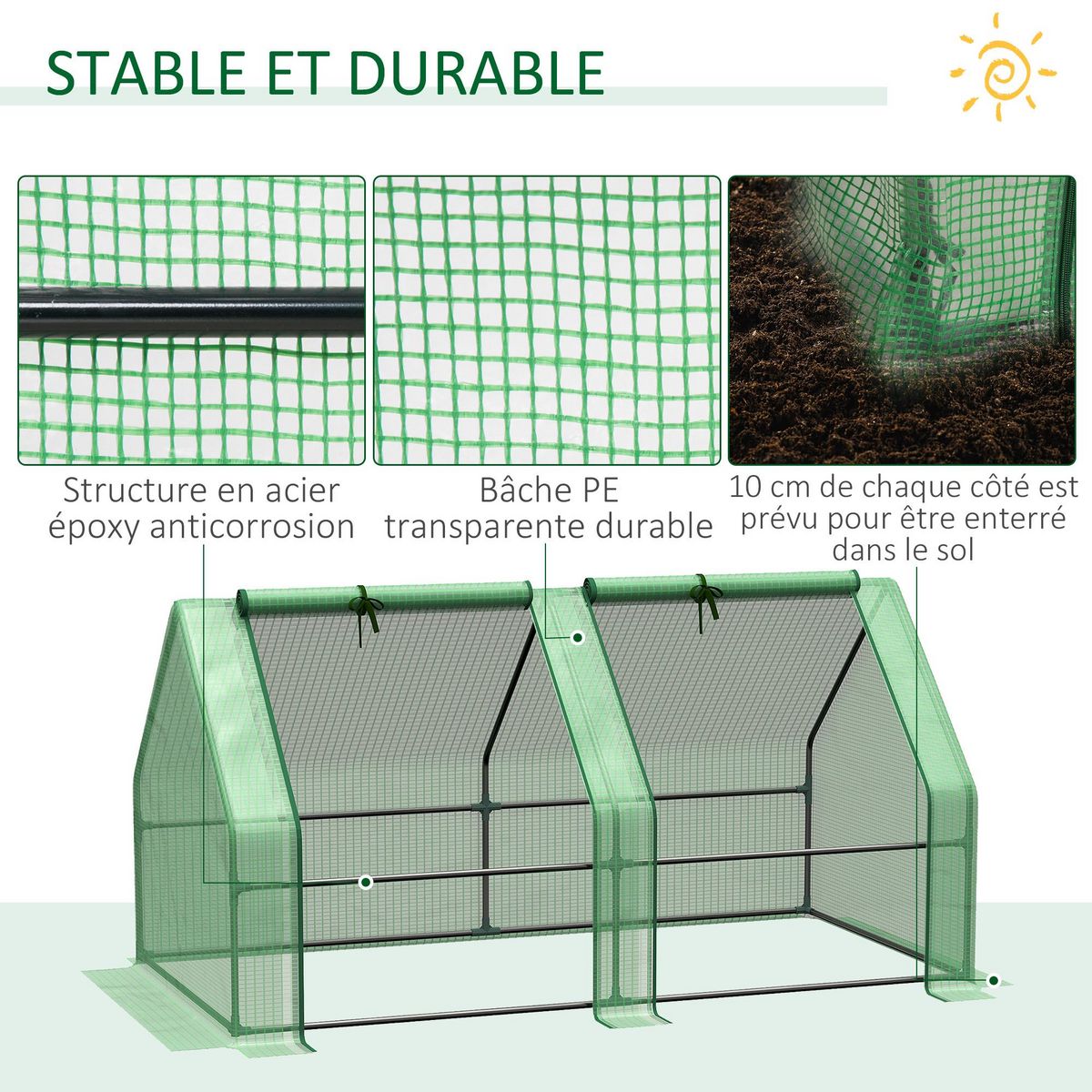 OUTSUNNY Mini serre de jardin serre à tomates dim. 180L x 90l x 90H cm acier PE haute densité 140 g/m² anti-UV 2 fenêtres zippées enroulables vert