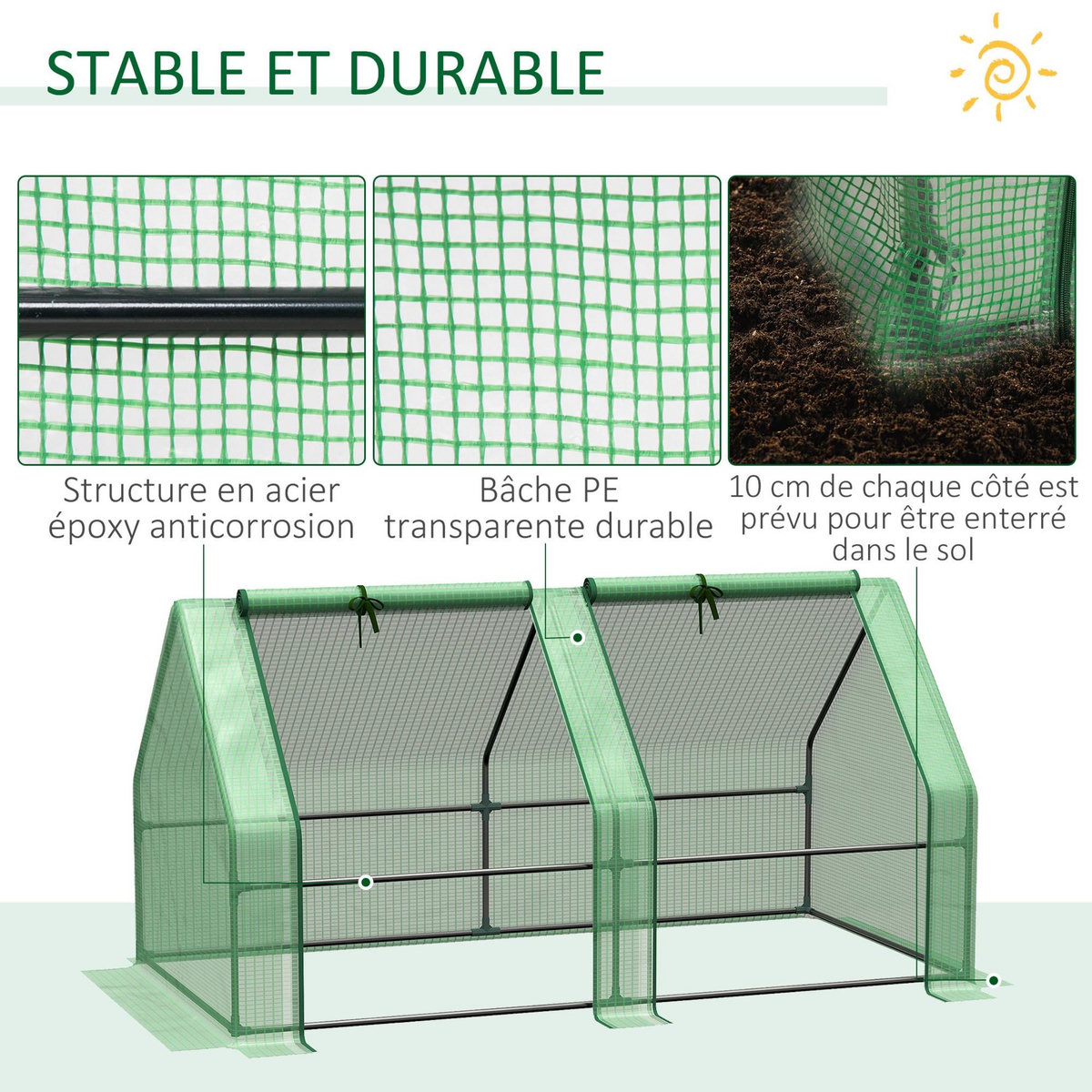 OUTSUNNY Mini serre de jardin serre à tomates dim. 180L x 90l x 90H cm acier PE haute densité 140 g/m² anti-UV 2 fenêtres zippées enroulables vert