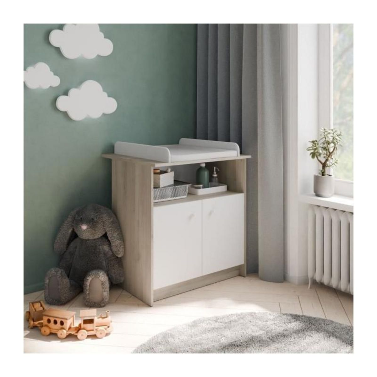 Demeyere Commode a langer 2 portes, 1 niche - HELICIA - Blanc mat & Chene kronberg - 79,6 x 70 x 94,4 cm - DEMEYERE