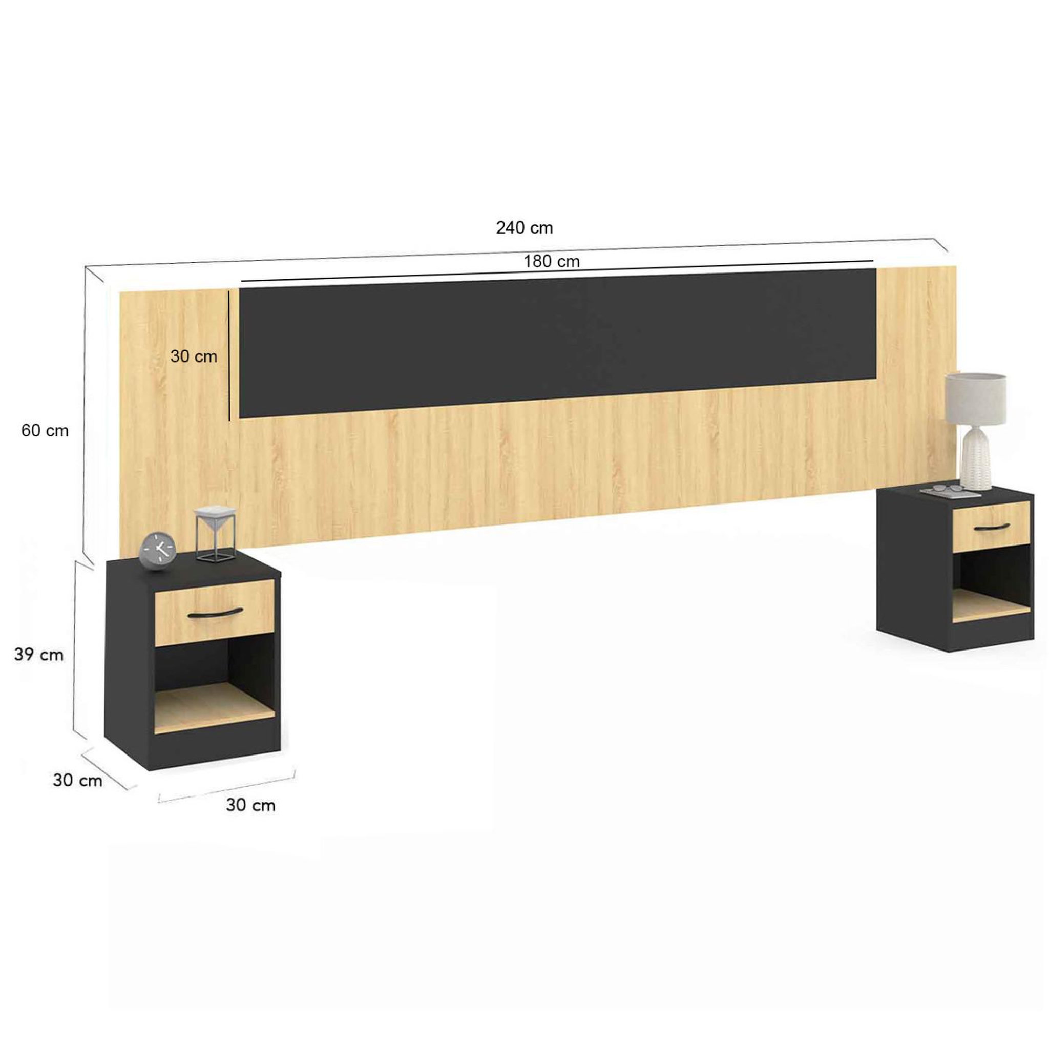 Voir la diapositive 5 : ID MARKET Tête de lit sur pied avec chevets modulables sapa pour lit 140, 160 ou 180 cm bois et noir