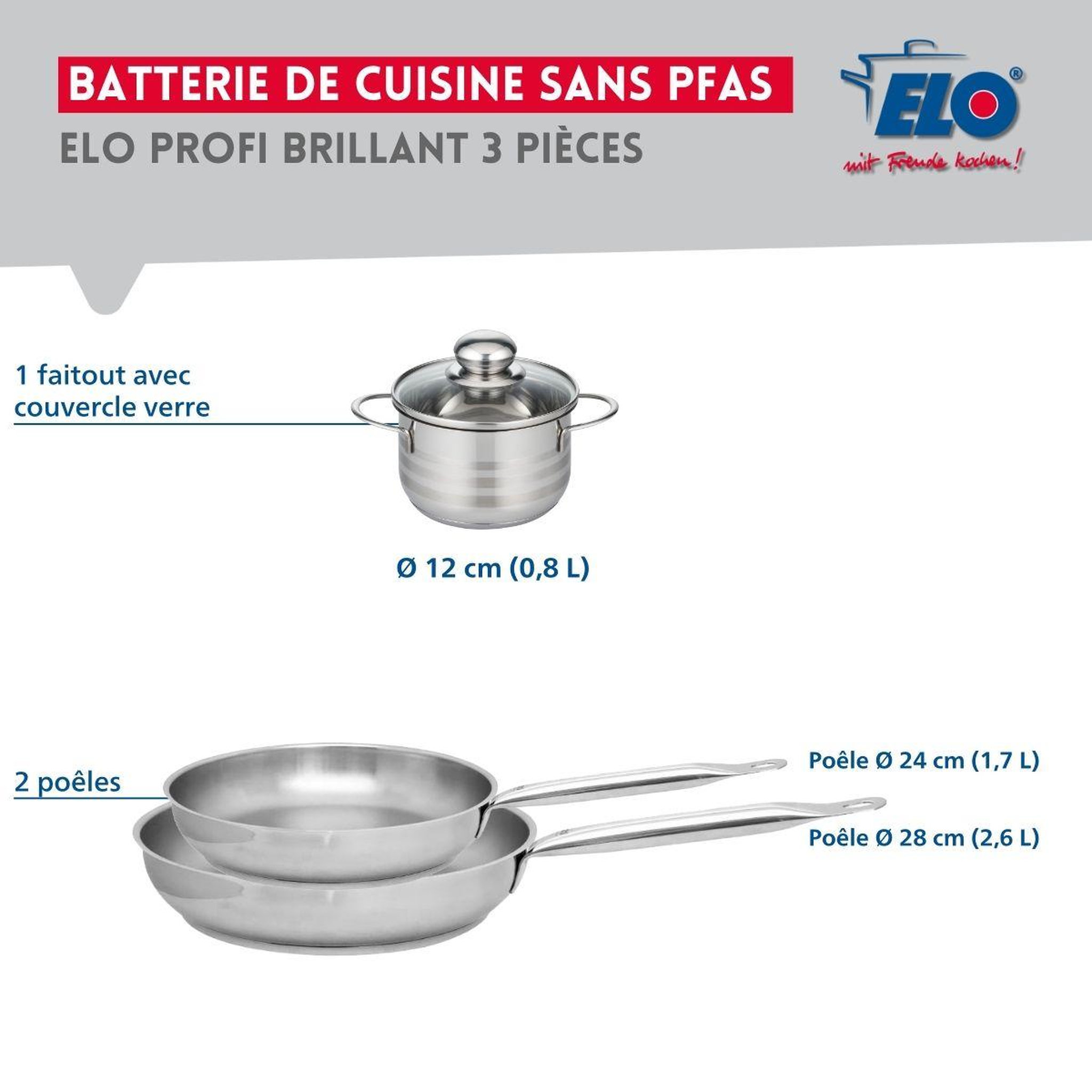 Voir la diapositive 2 : ELO Ensemble de 2 poêles de cuisson 24 et 28 cm et 1 faitout 12 cm elo profi brillant