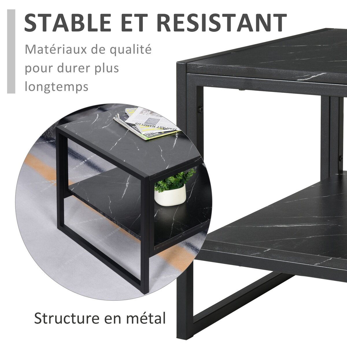 HOMCOM Table Basse Style Moderne avec 2 Étagères 106 x 50 x 47 cm Noir