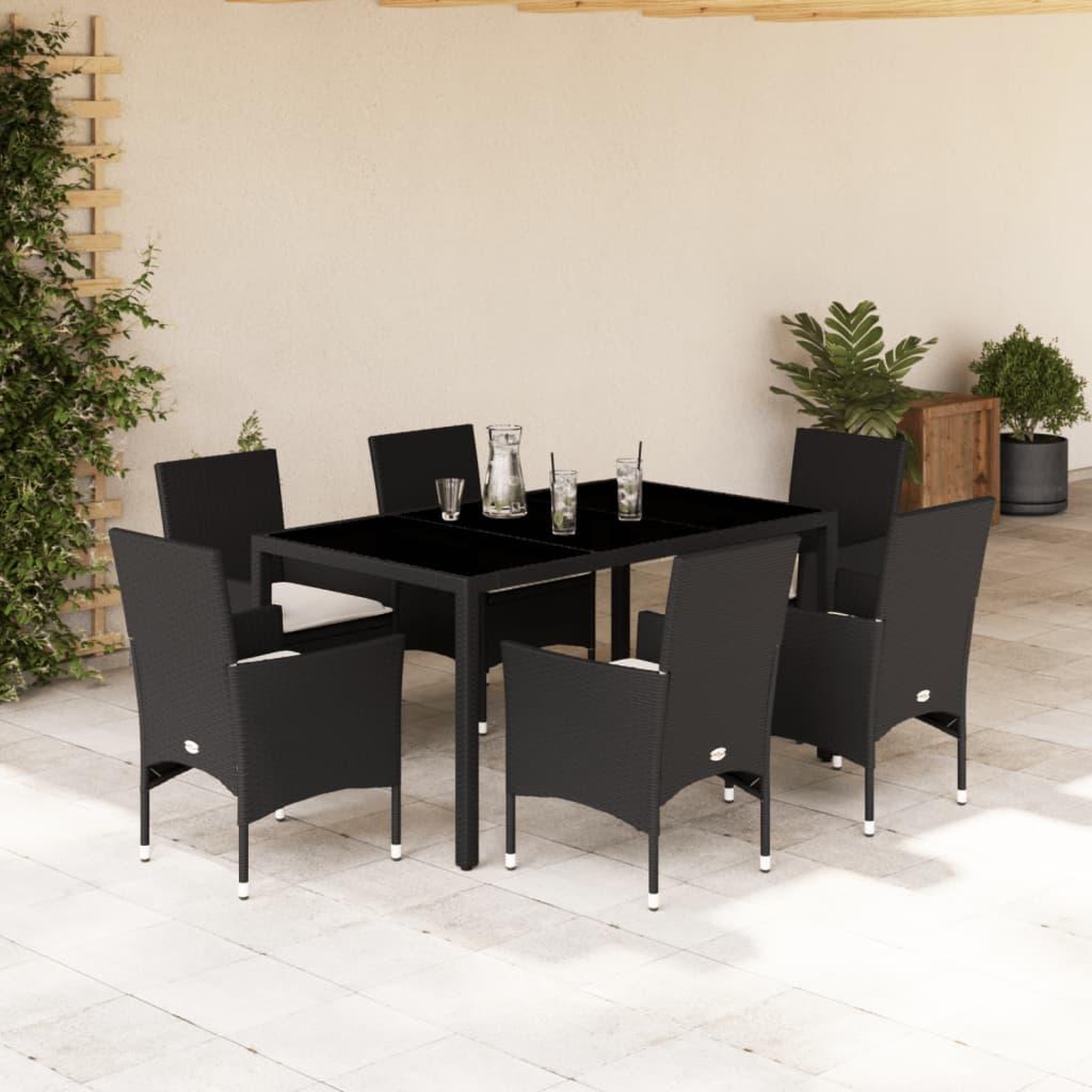 VIDAXL Ensemble a manger de jardin et coussins 7 pcs noir rotin acacia