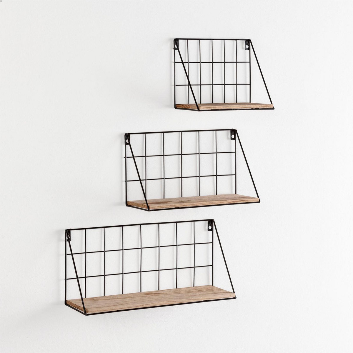 VS VENTA-STOCK Set de 3 étagères murales Amede métal noir et bois paulownia