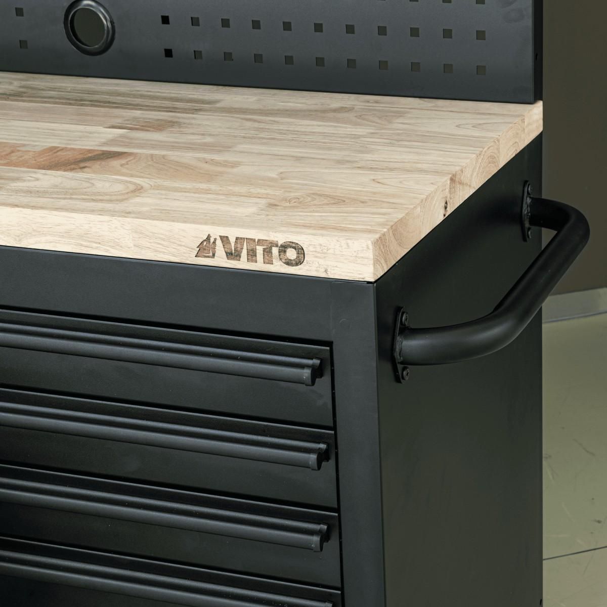 VITO Etabli d'atelier sur roues Armoire 3 Portes 182 x 51 x 186 cm 15 tiroirs à frein - Plan de travail Bois Charge 500kg - VITO