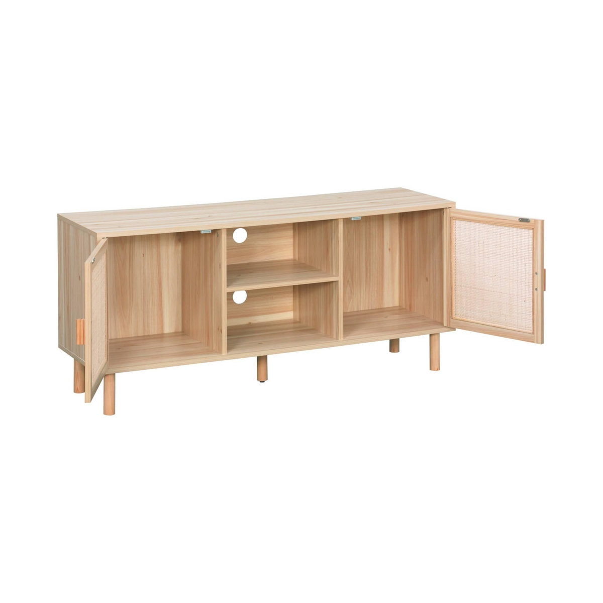 SWEEEK Meuble TV cannage et effet bois. 2 portes et 1 étagère. 120cm