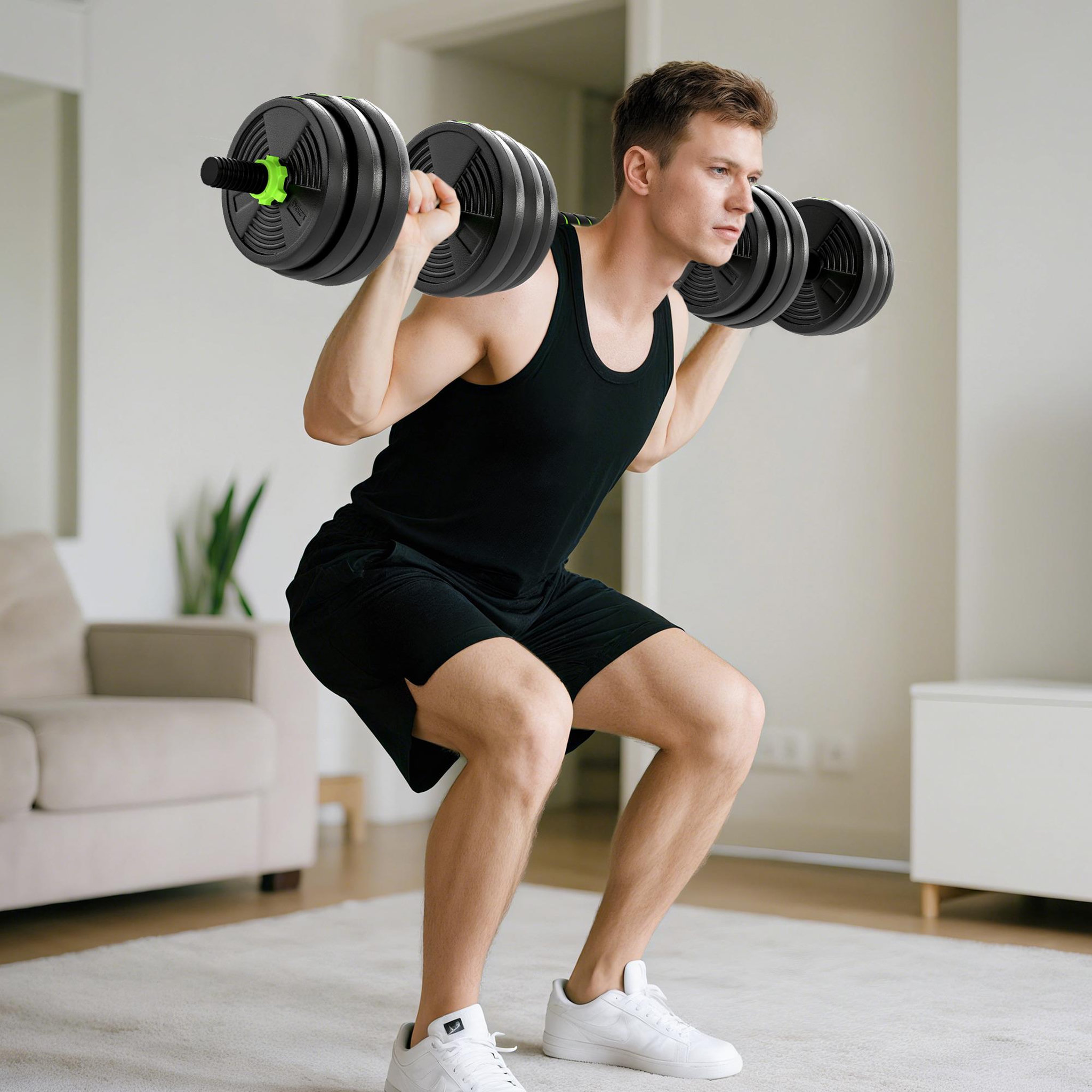 Voir la diapositive 6 : HOMCOM Ensemble d'haltères musculation multifonction 3 en 1 - haltères, olympic barre, curl ez barre - total 20kg - pvc vert noir