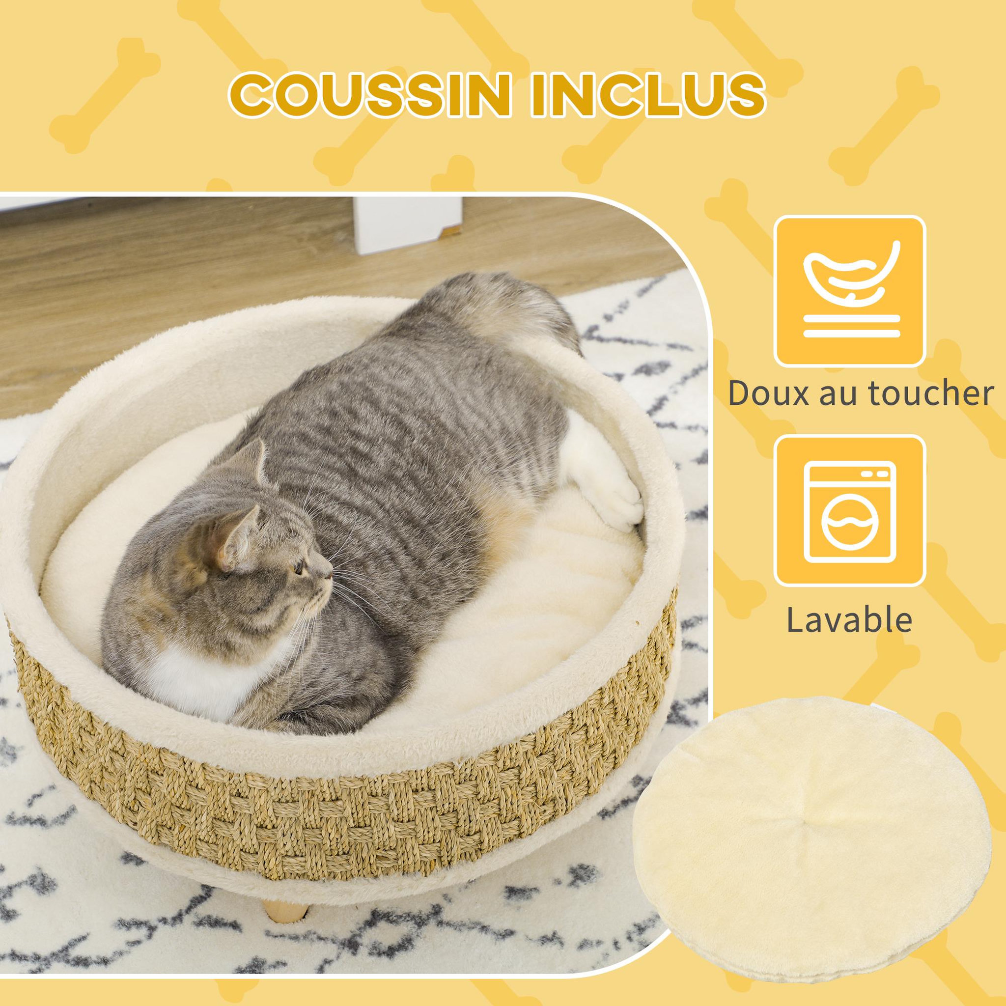 Voir la diapositive 6 : PAWHUT Canapé panier lit chien chat style cosy naturel - coussin inclus - dim. Ø 48 x 24,5h cm - bois pin jonc de mer