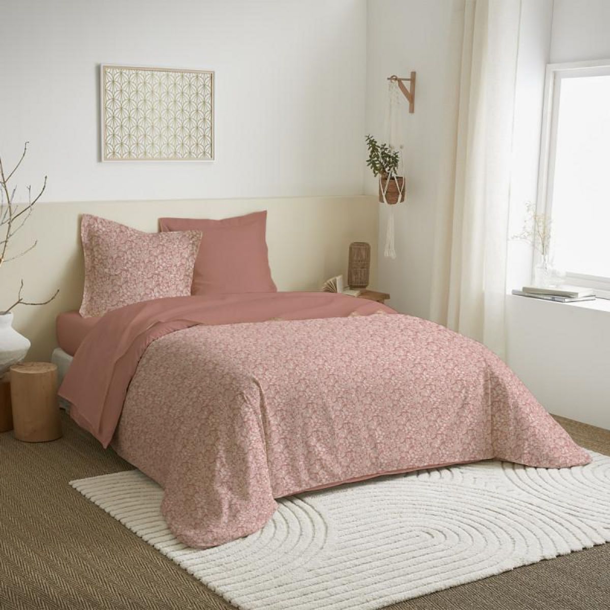 COTON PUR Parure de draps 4 pièces pour lit 160 x 200 cm  Grande largeur  Céleste pêche