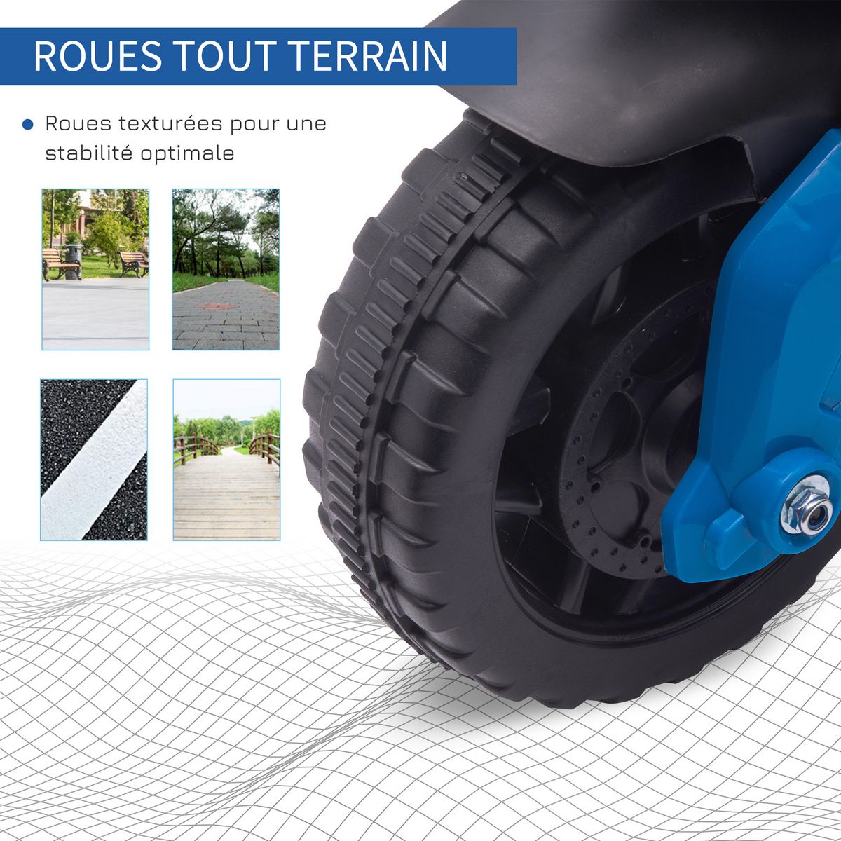 HOMCOM Moto électrique enfant 6 V 3 Km/h effet lumineux et sonore roulettes amovibles repose-pied valises latérales métal PP bleu noir