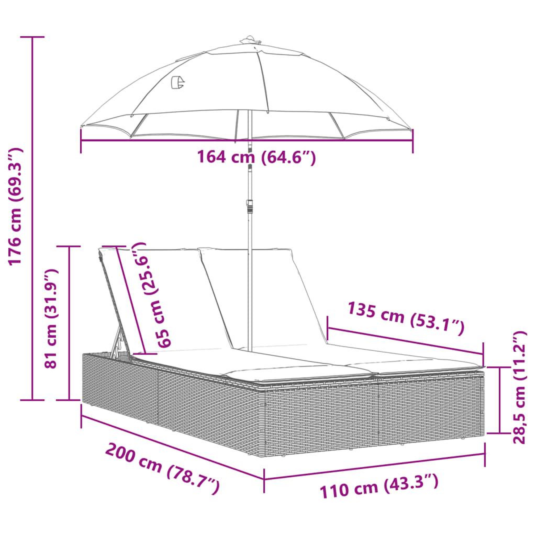 Voir la diapositive 6 : VIDAXL Chaise longue double et coussins et parasol gris resine tressee