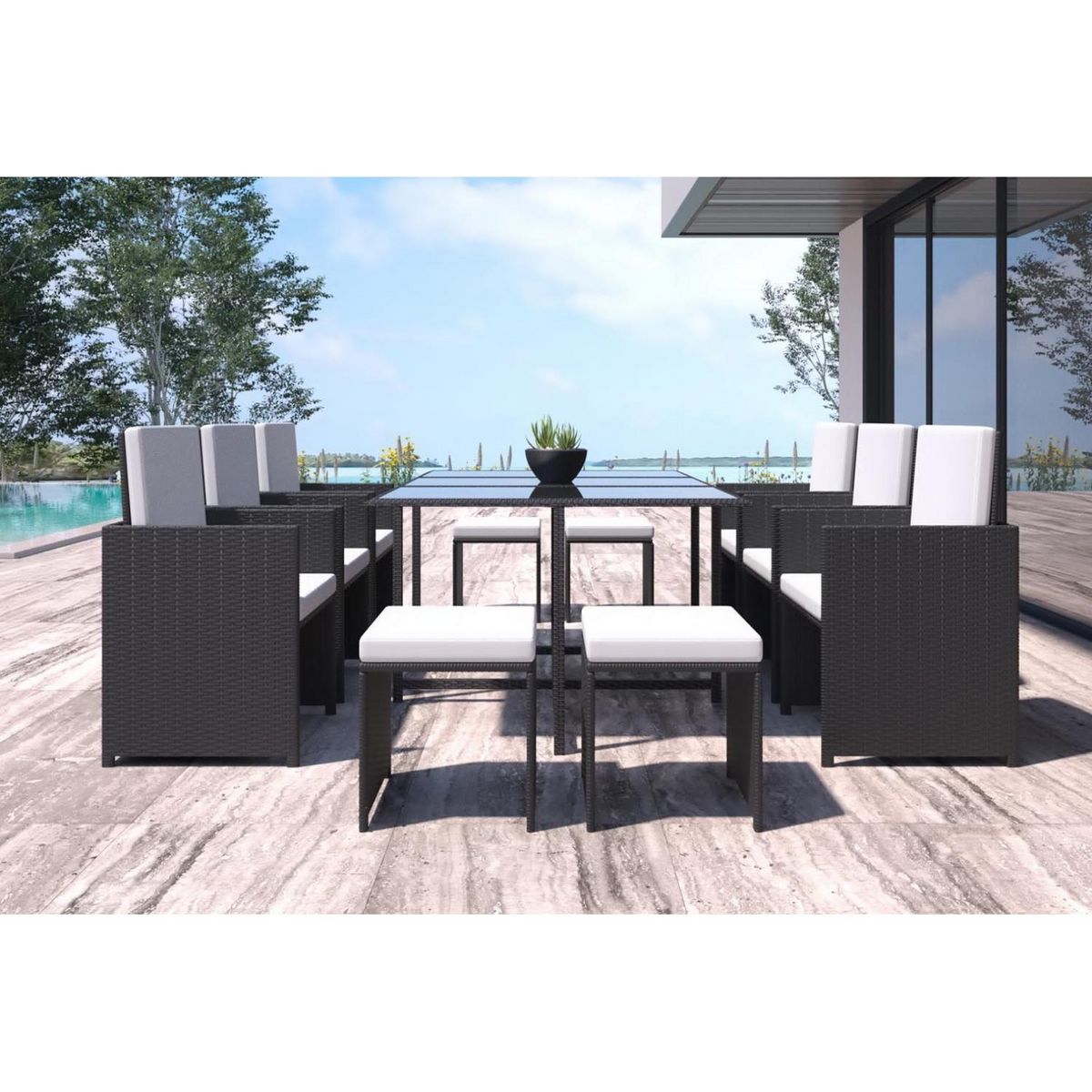 CONCEPT USINE Table et chaises 10 places en résine tressée noir et blanc FLORIDA