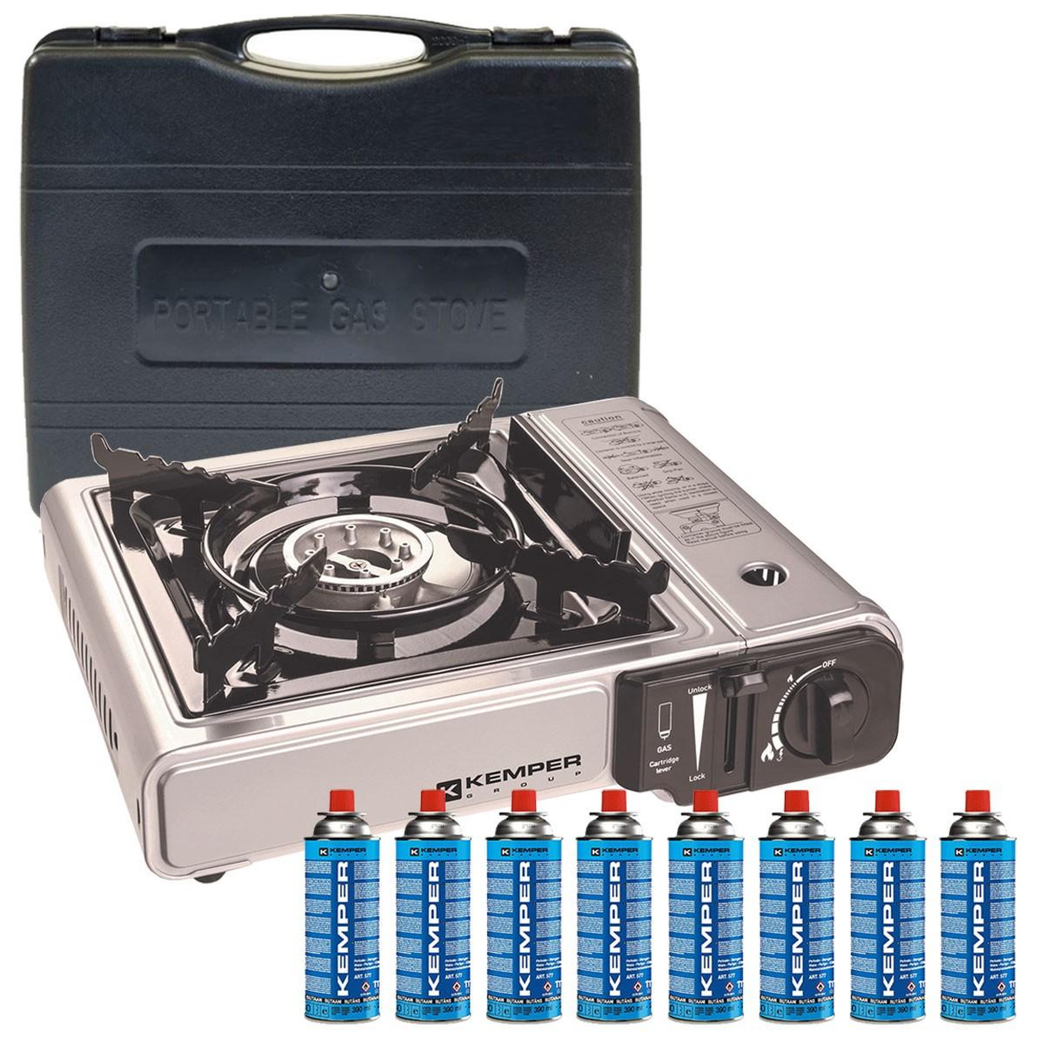 Voir la diapositive 2 : Kemper Réchaud à gaz 2200w + 8 cartouches de gaz détendeur de pression double système de sécurité. Puissance réglable kemper