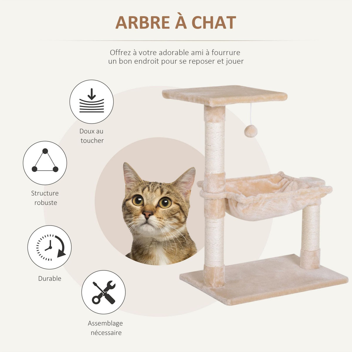 PAWHUT Arbre à chat 3 griffoirs grattoirs sisal naturel plateforme hamac et boule suspendue dim. 50L x 36l x 70H cm peluche haute densité 220 g/m² beige