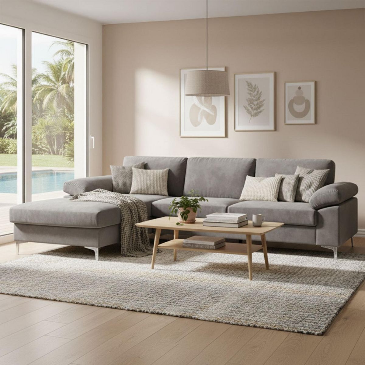 CONCEPT USINE Canapé d'angle gauche 4-5 places en velours gris GALWAY