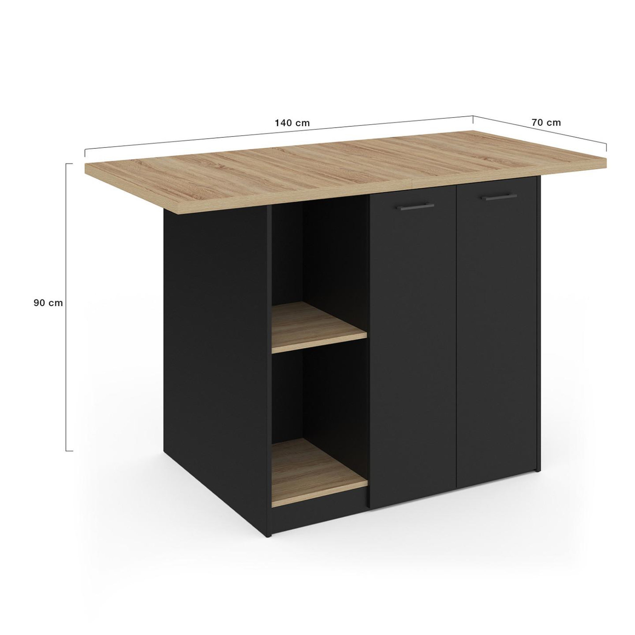 Voir la diapositive 6 : ID MARKET Ilot central bao 140 cm 4 personnes bois noir avec plan de travail façon hêtre