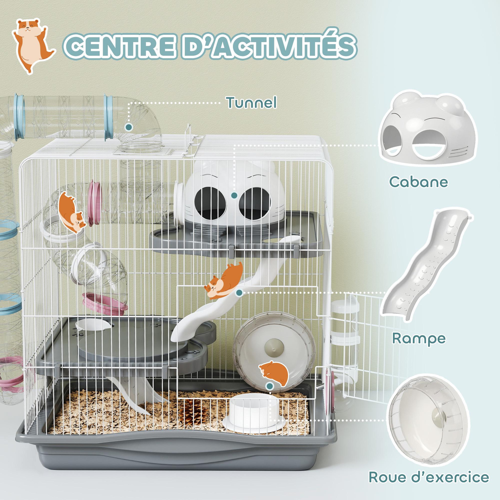 Voir la diapositive 5 : PAWHUT Cage rongeur hamster 3 niveaux cabane roue tunnel toboggan biberon mangeoire 45 x 30 x 45 cm blanc gris
