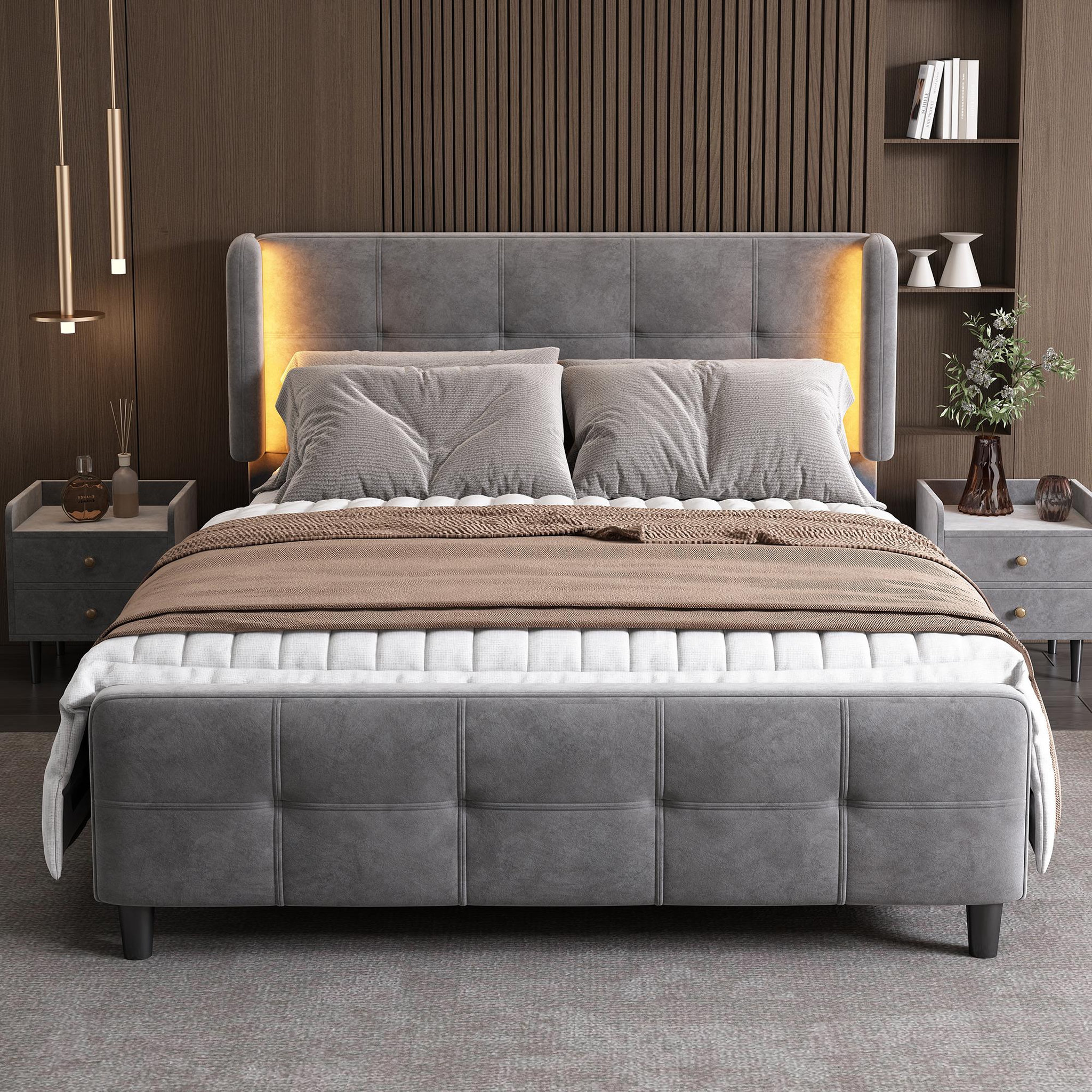 Voir la diapositive 2 : MERAX Lit 2 places rembourré 140x200cm velours coloris gris led