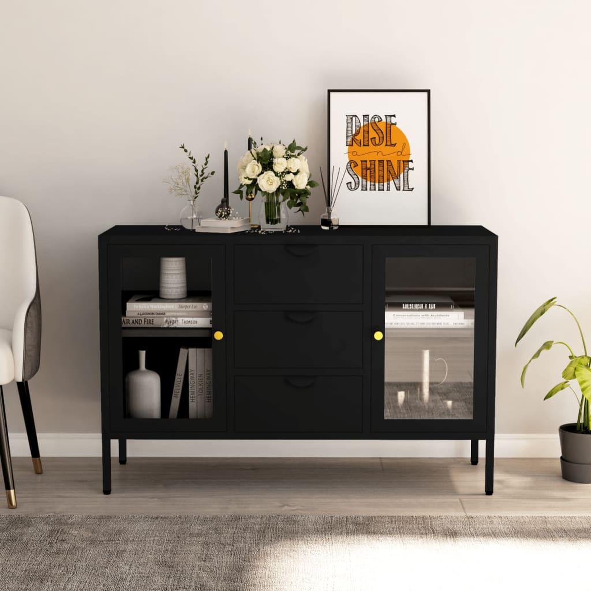 Voir la diapositive 1 : VIDAXL Buffet Noir 105x35x70 cm Acier et verre trempe