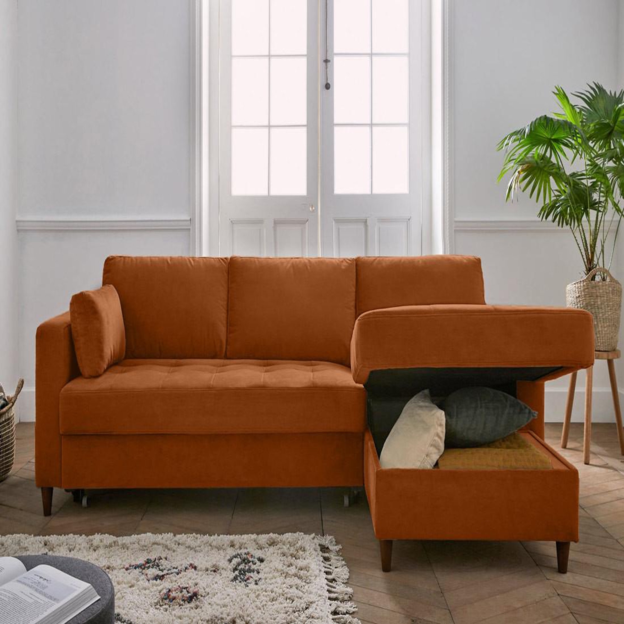 Voir la diapositive 4 : BEST MOBILIER Anna - canapé d'angle droit - 4 places - convertible avec coffre - en velours