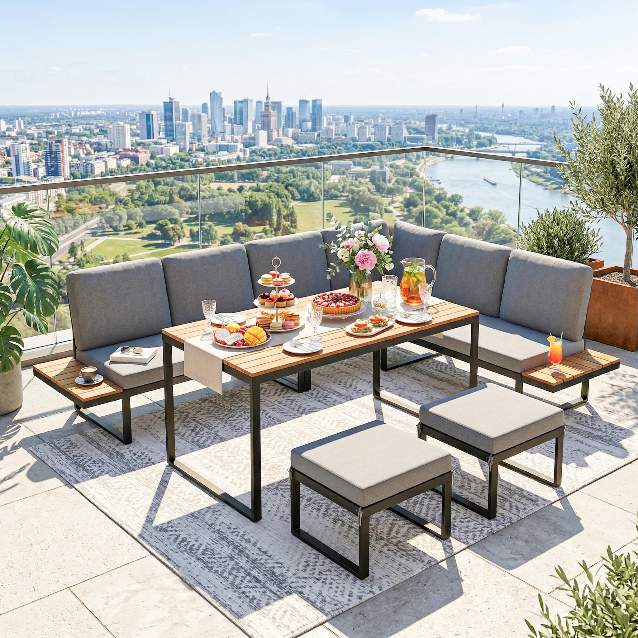 Voir la diapositive 6 : OUTSUNNY Salon de jardin design alu noir bois composite 6-8 pers. Modulable
