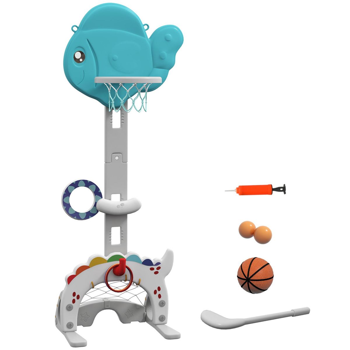 HOMCOM Panier de basketball enfant but de foot jeu de golf lancer d'anneaux et balle 5 en 1 HDPE bleu blanc gris