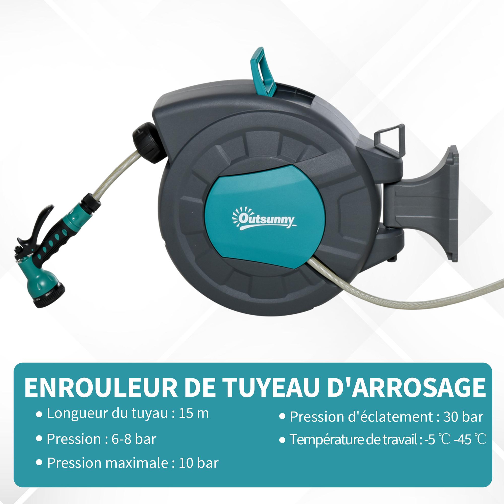 Voir la diapositive 4 : OUTSUNNY Dévidoir mural enrouleur automatique pivotant 180° tuyau 15 + 1,4 m avec lance arrosage support mural intégré turquoise gris