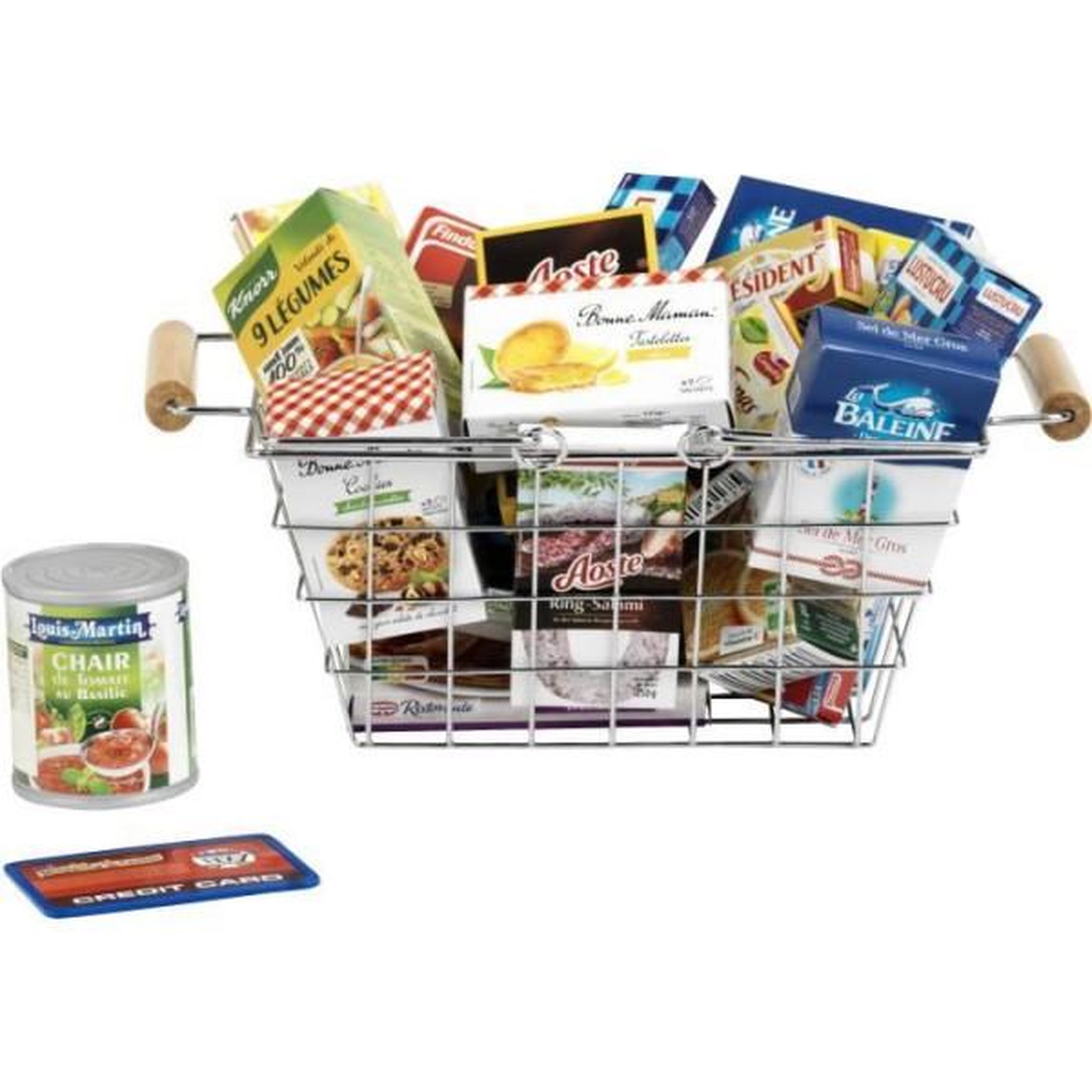 Voir la diapositive 2 : Klein Jouet d'épicerie - KLEIN - Panier a provisions en métal garni de boîtes - Garni de boîtes d'aliments factices.