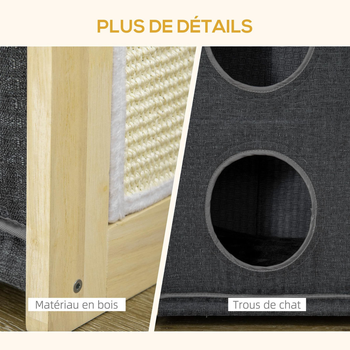 PAWHUT Maison grattoir pour chat - niche chat panier chat - 2 coussins housses amovibles, 2 niv. - bois de pin polyester gris