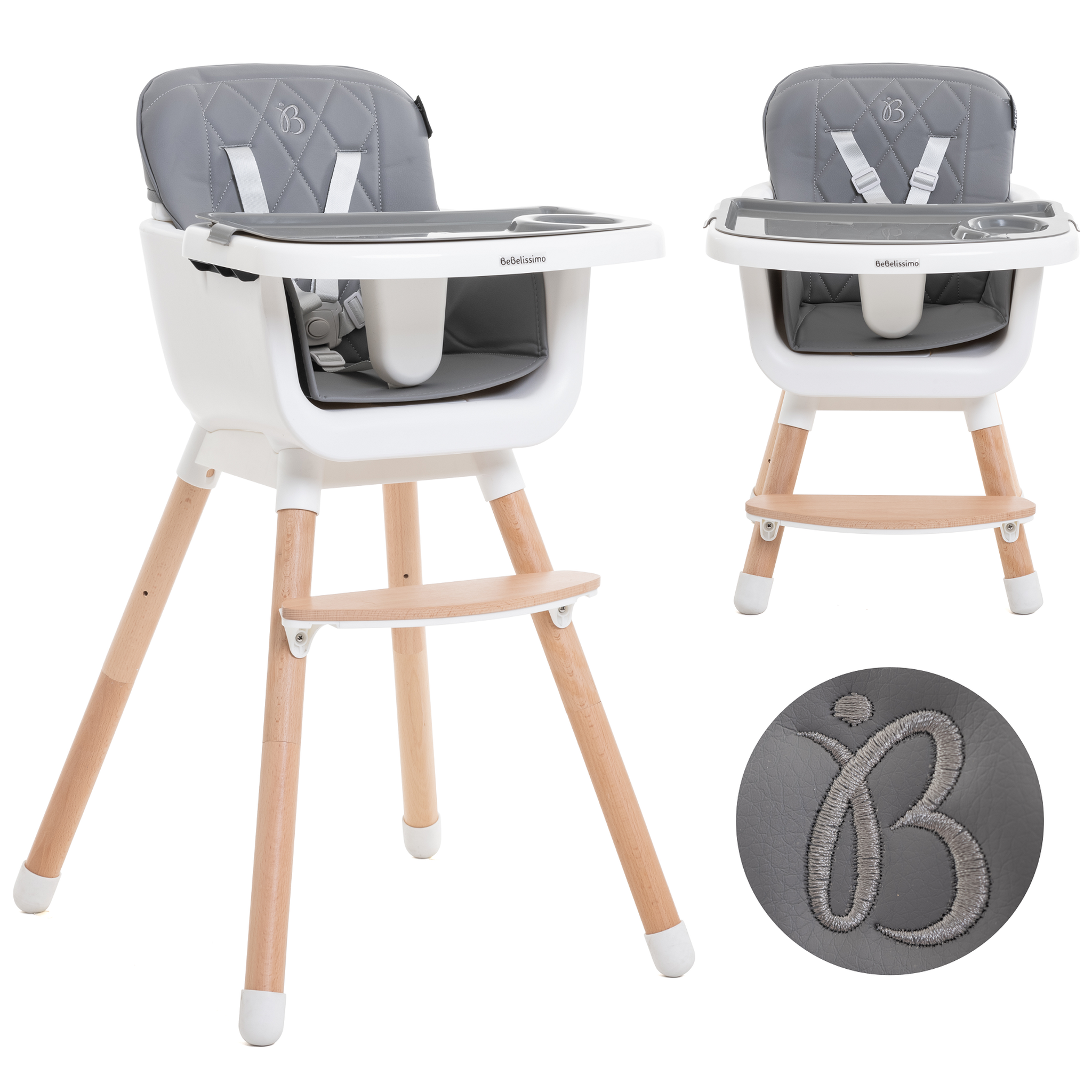 BEBELISSIMO BEBELISSIMO - Chaise Haute bébé - Évolutive - Réglable - en Bois - 2 en 1 – 6 mois jusqu'à 5 ans - gris