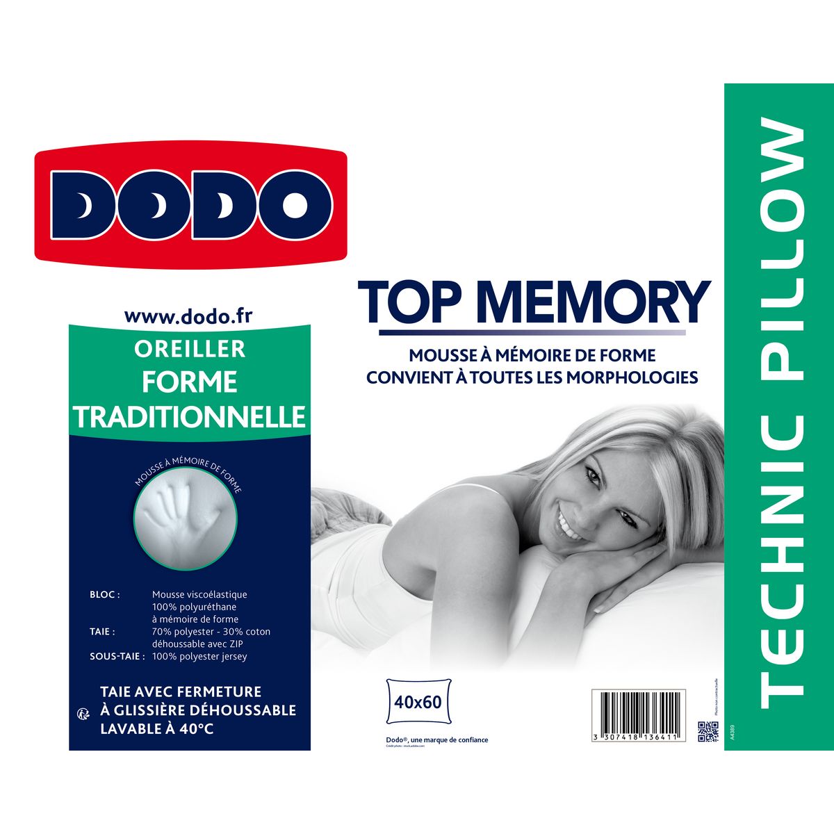 DODO Oreiller ergonomique à mémoire de forme TOP MEMORY