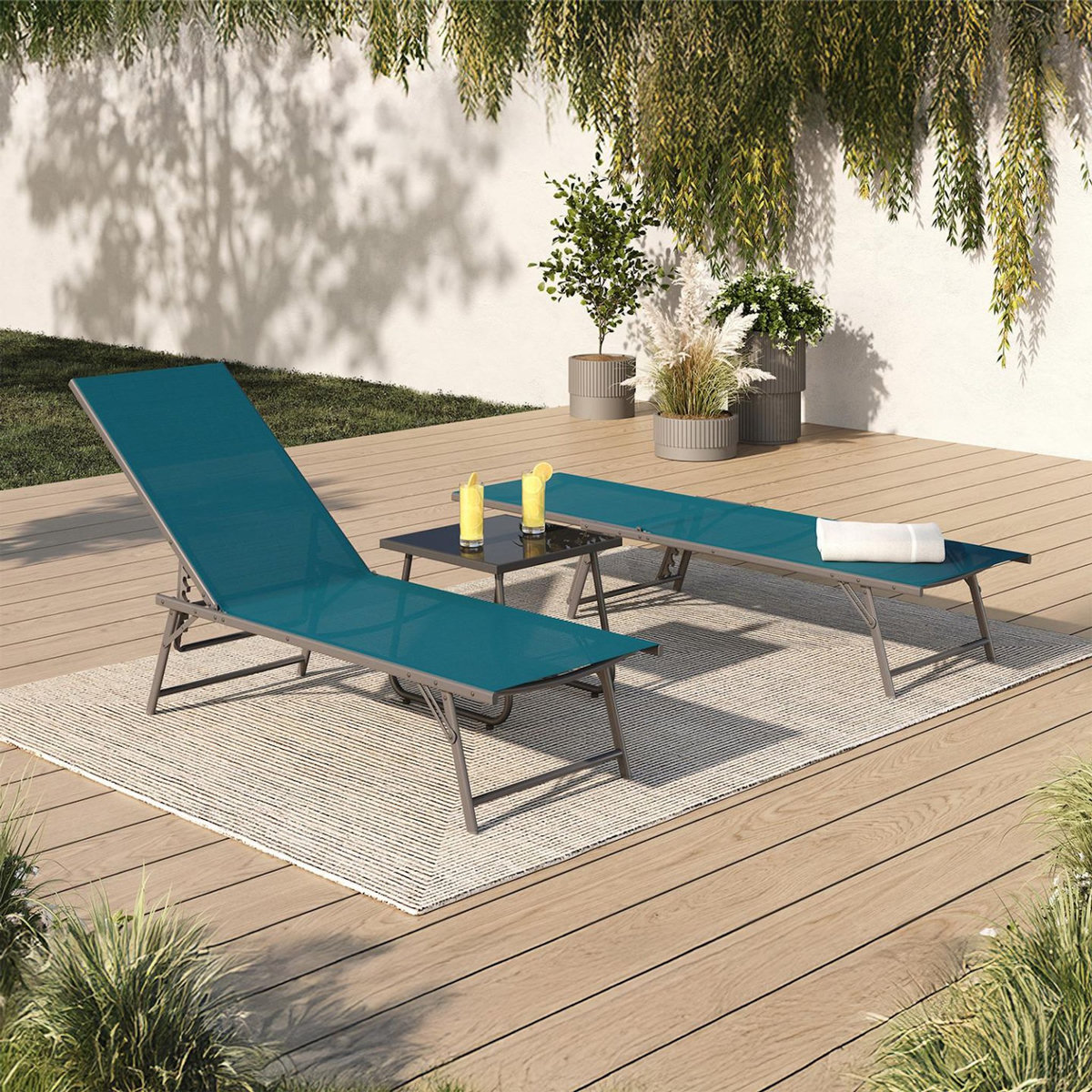 ID MARKET Lot de 2 transats de jardin inclinables KAILUA en acier gris anthracite et toile bleu canard