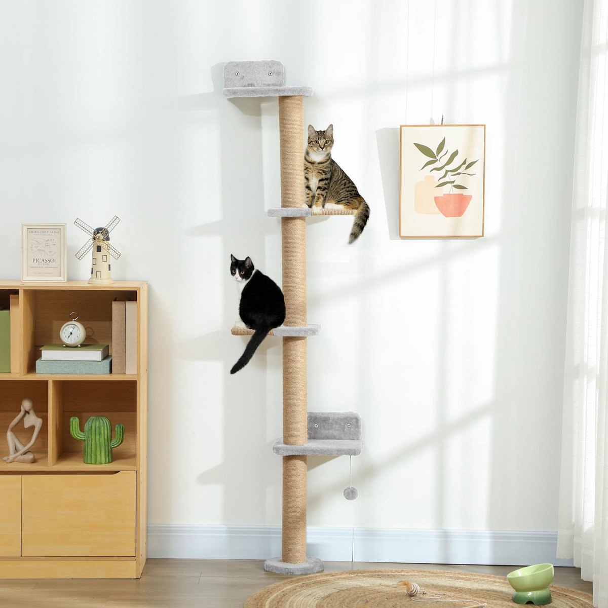 PAWHUT Arbre à chat mural 4 plateformes griffoirs grattoirs boule - 48x21x180cm - gris clair