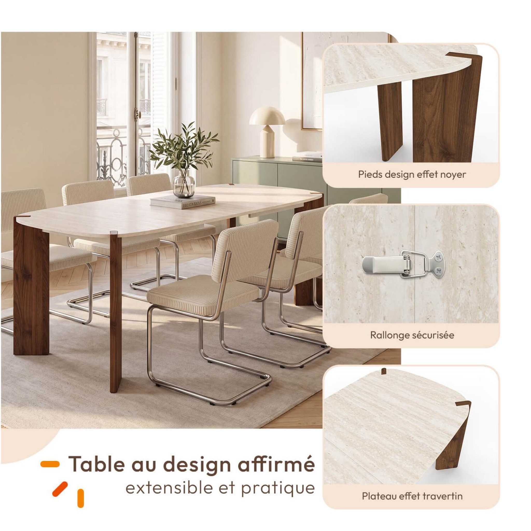 Voir la diapositive 6 : ID MARKET Table à manger extensible rectangulaire arrondie tess 6-10 personnes 4 pieds arrondis noyer plateau travertin 160-200 cm