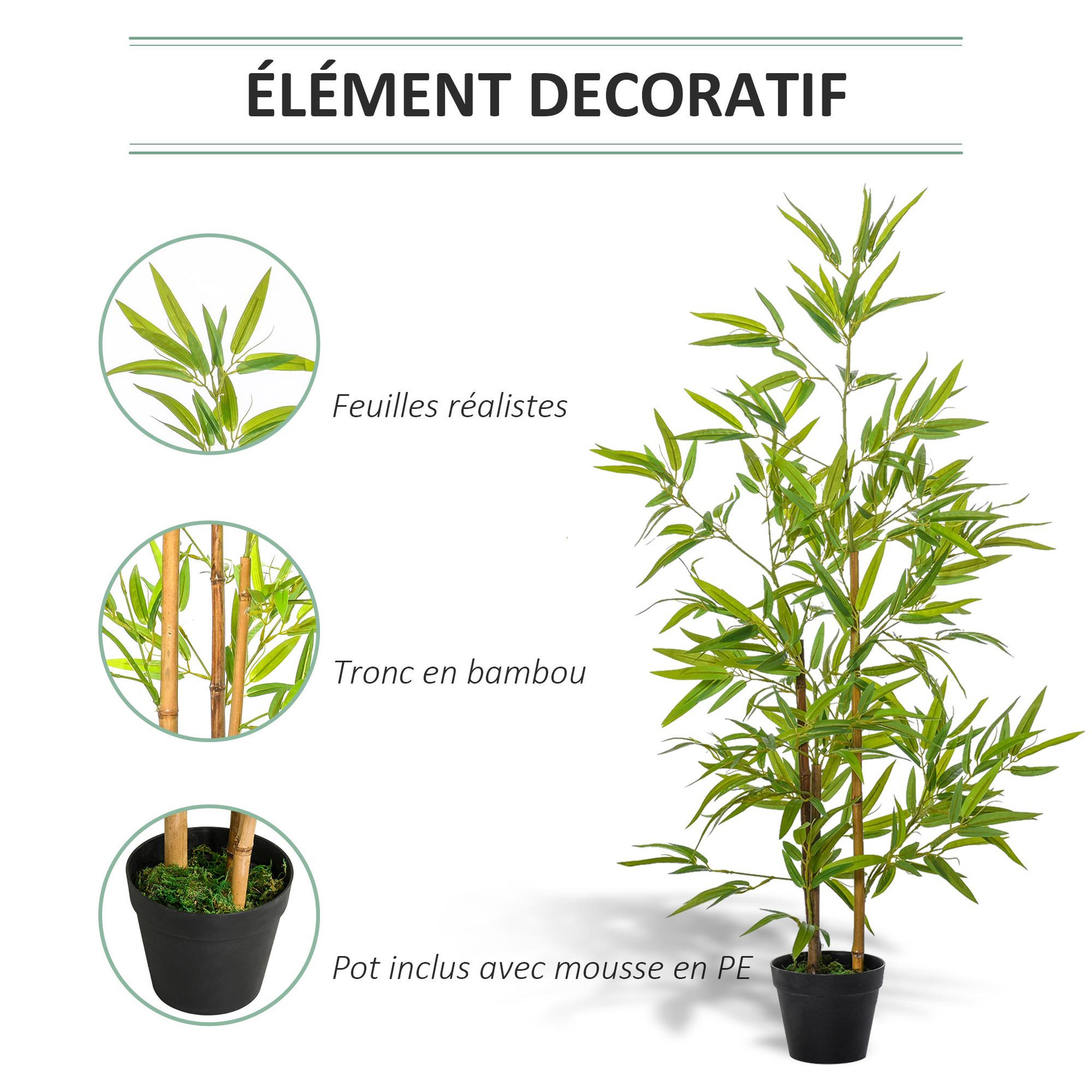 Voir la diapositive 5 : OUTSUNNY Outsunny Bambou artificiel hauteur 1,2 m 369 feuilles denses réalistes pot inclus noir avec lichen vert