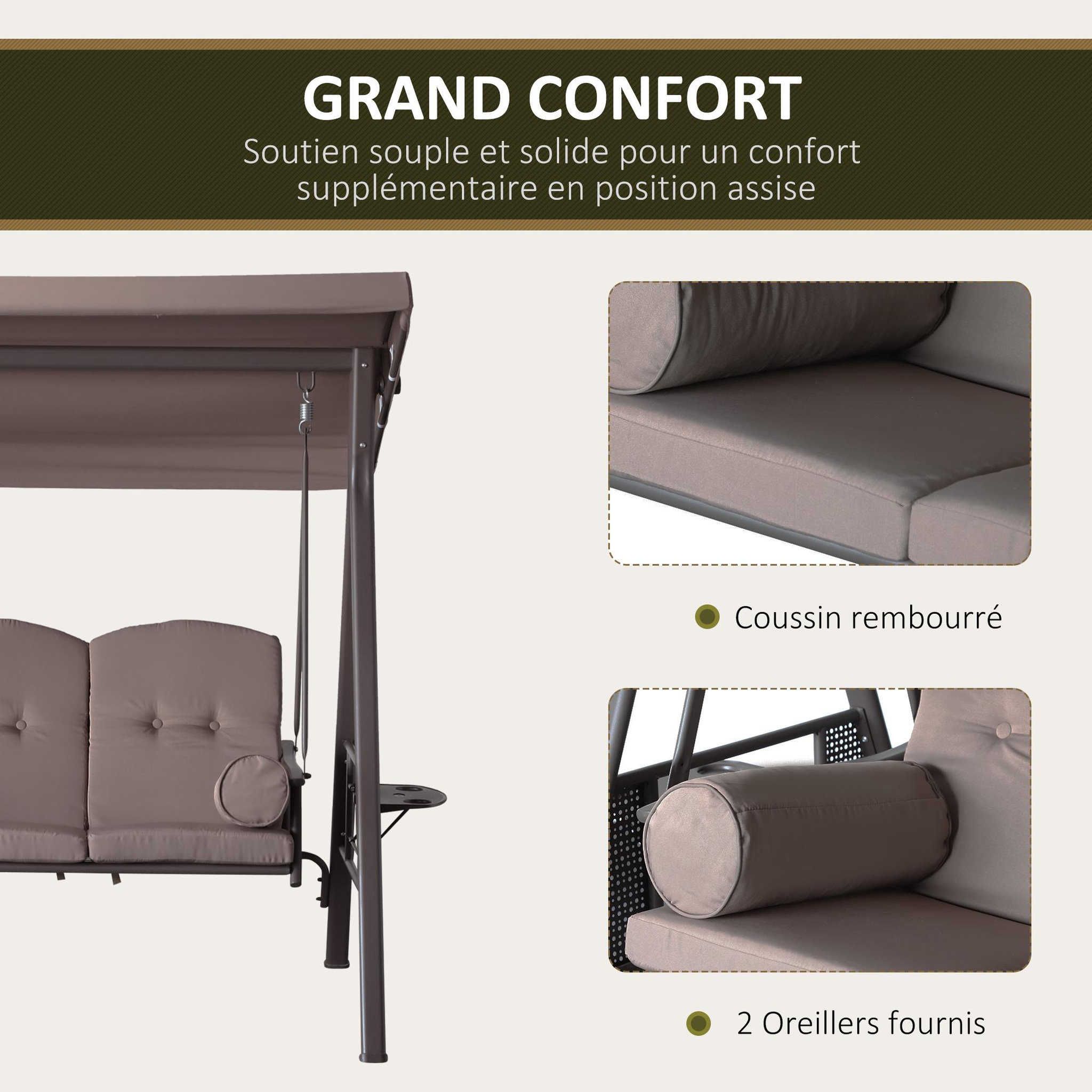 Voir la diapositive 4 : OUTSUNNY Balancelle de jardin 3 places grand confort toit inclinaison réglable coussins plateaux rétractables polyester filé marron